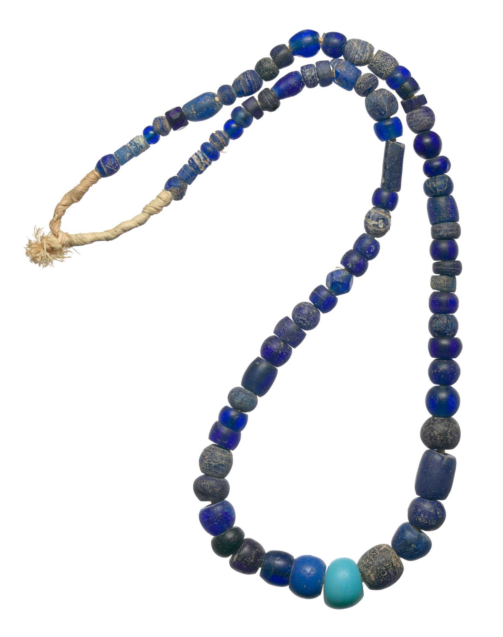 A looped strand of various colored and sized blue glass beads strung on natural fiber.