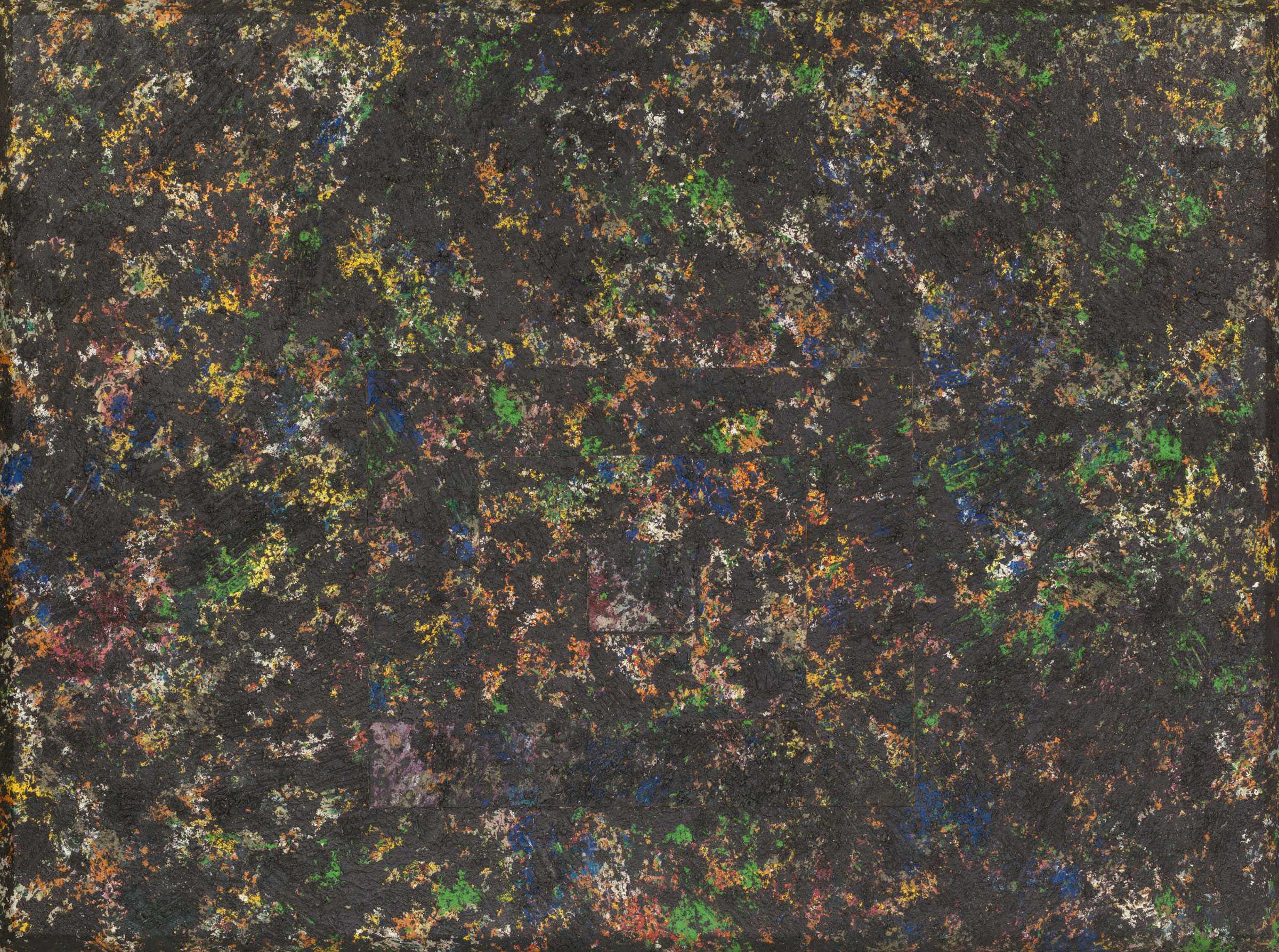 Abstract painting with dark tones and scattered patches of mixed colors like yellow, green, and blue.