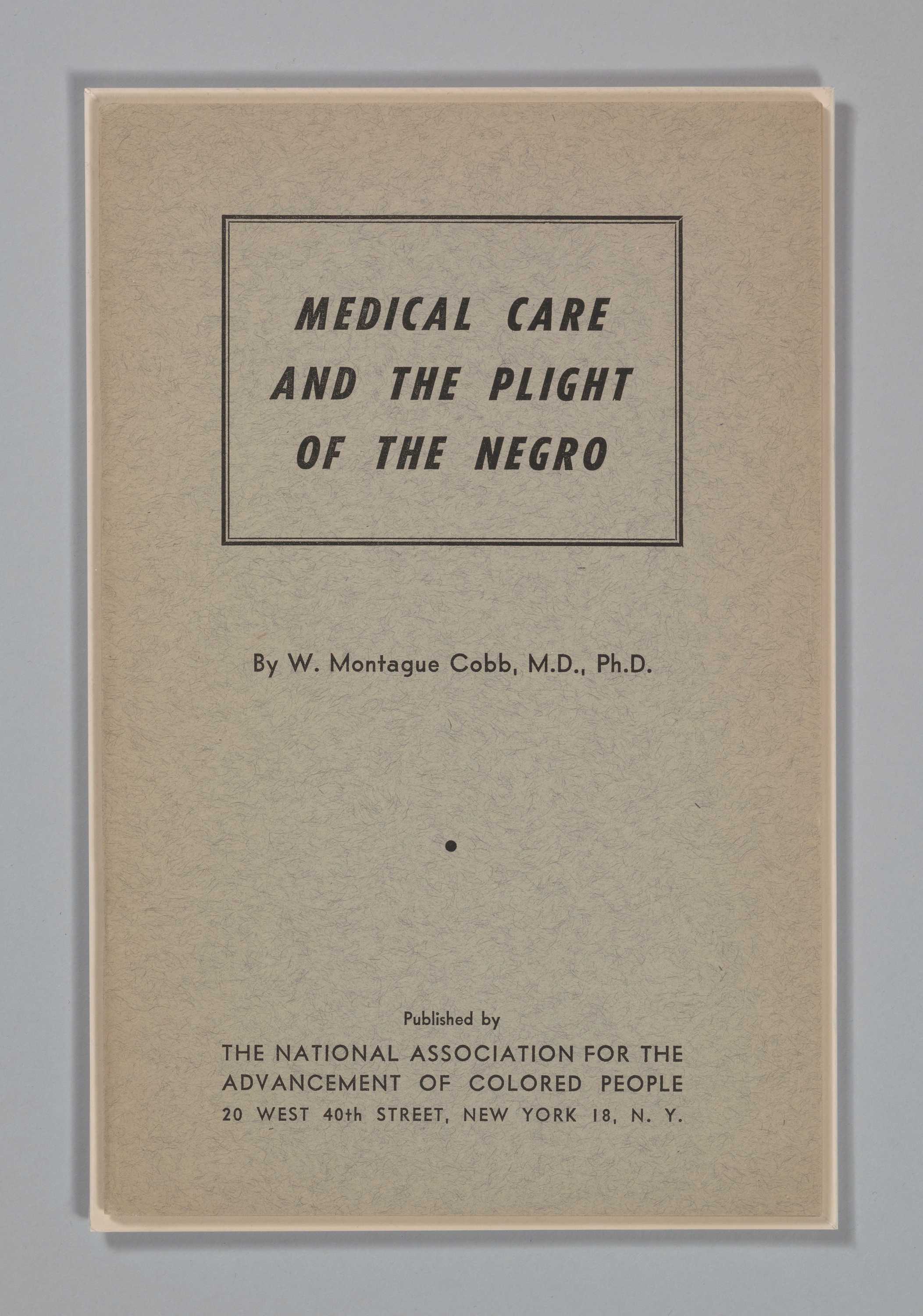 A gray-colored booklet with black san-serif typeface in all capitals that read: Medical Care and the Plight of the Negro.