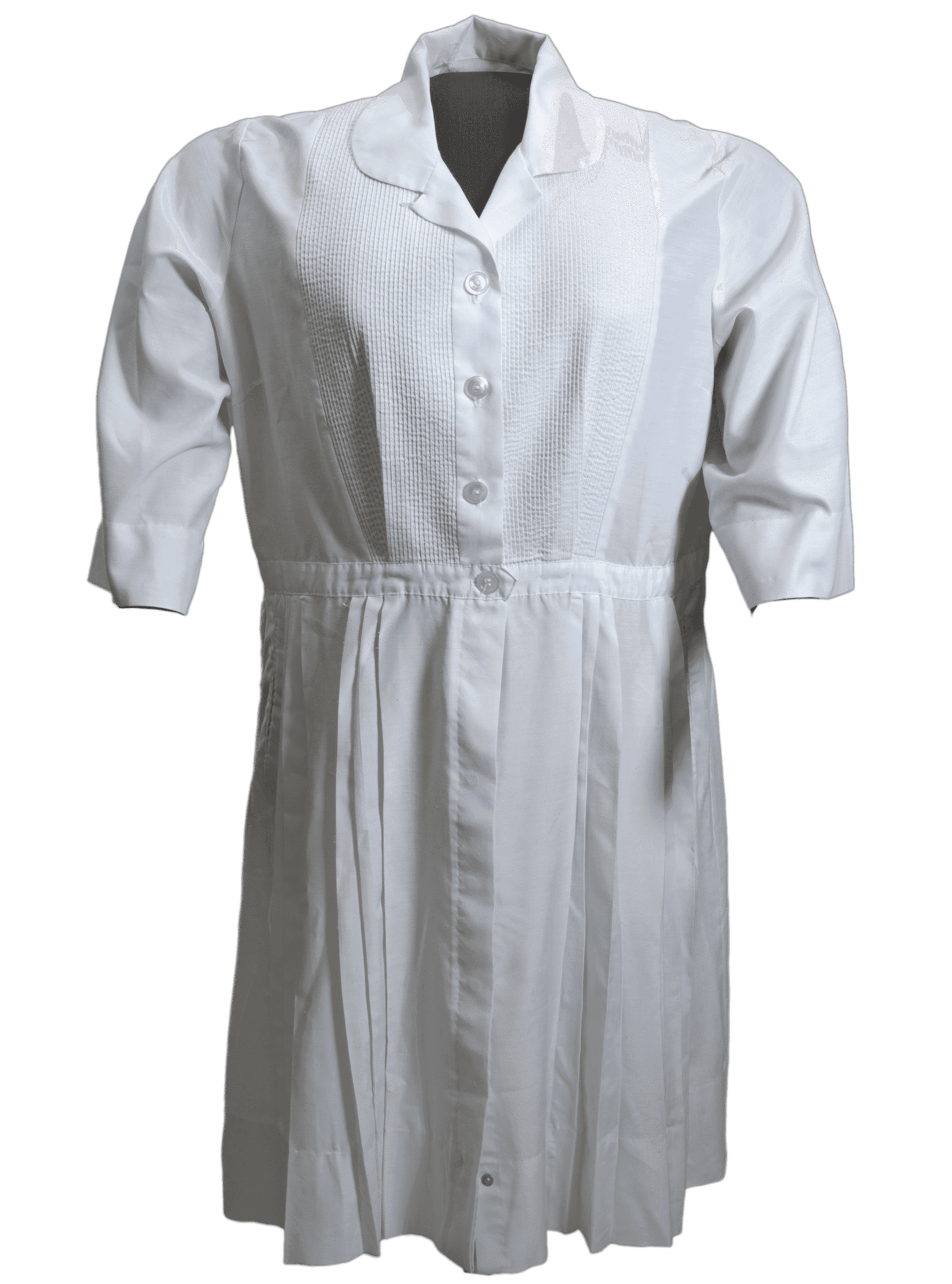 A white midwife's uniform overdress worn by Amanda Carey Carter.