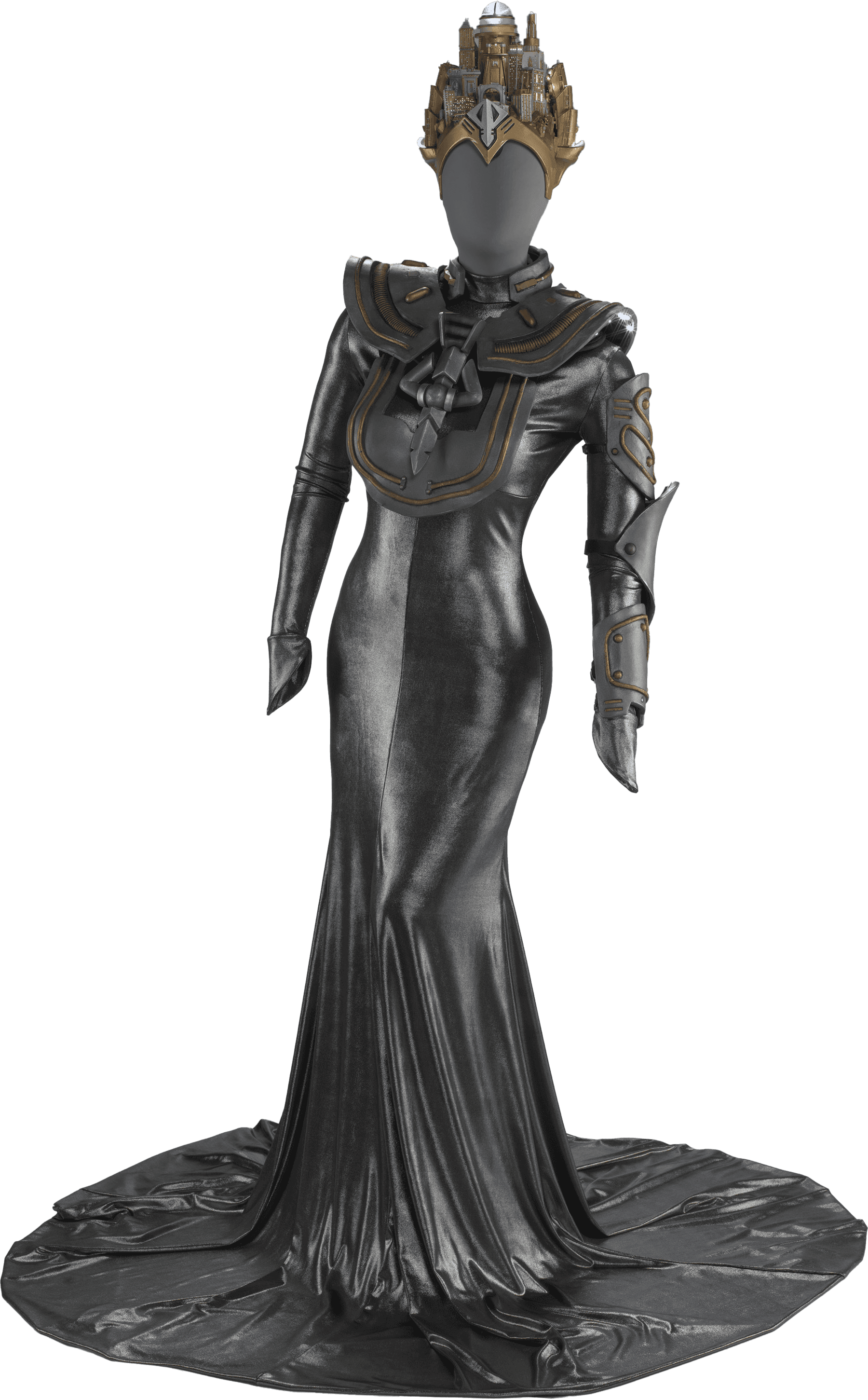 The floor length gown is sliver with long sleeves and a gold architectural headress.