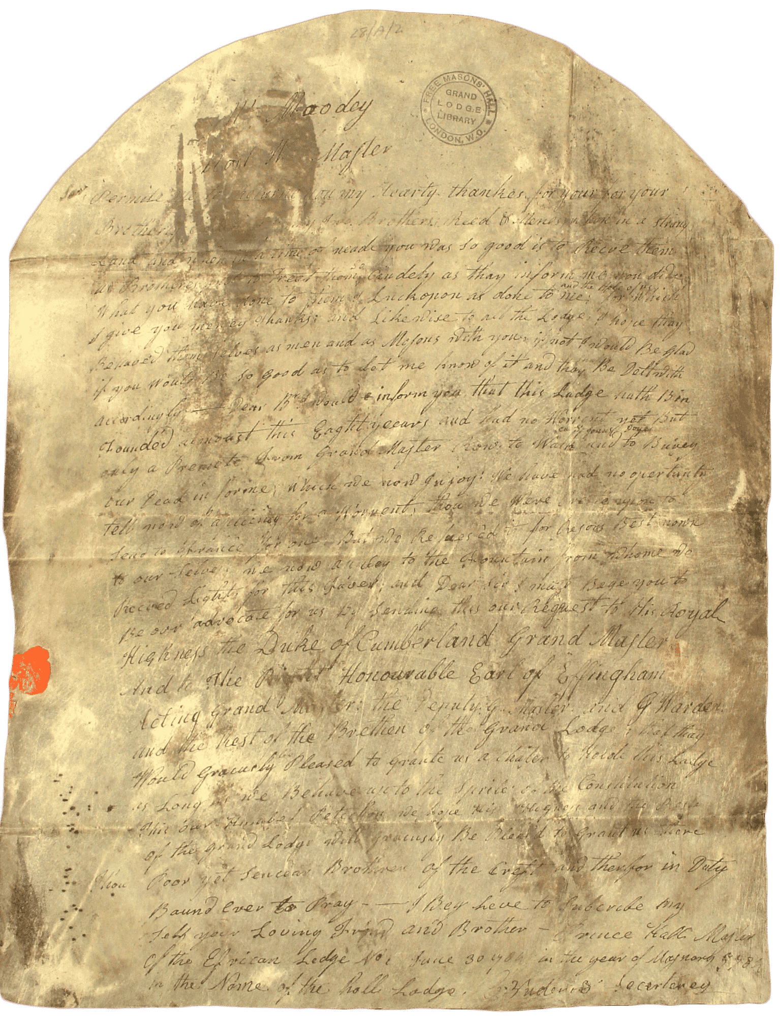 Image of Petition of Prince Hall to W. Moodey, Brotherly Love Lodge
