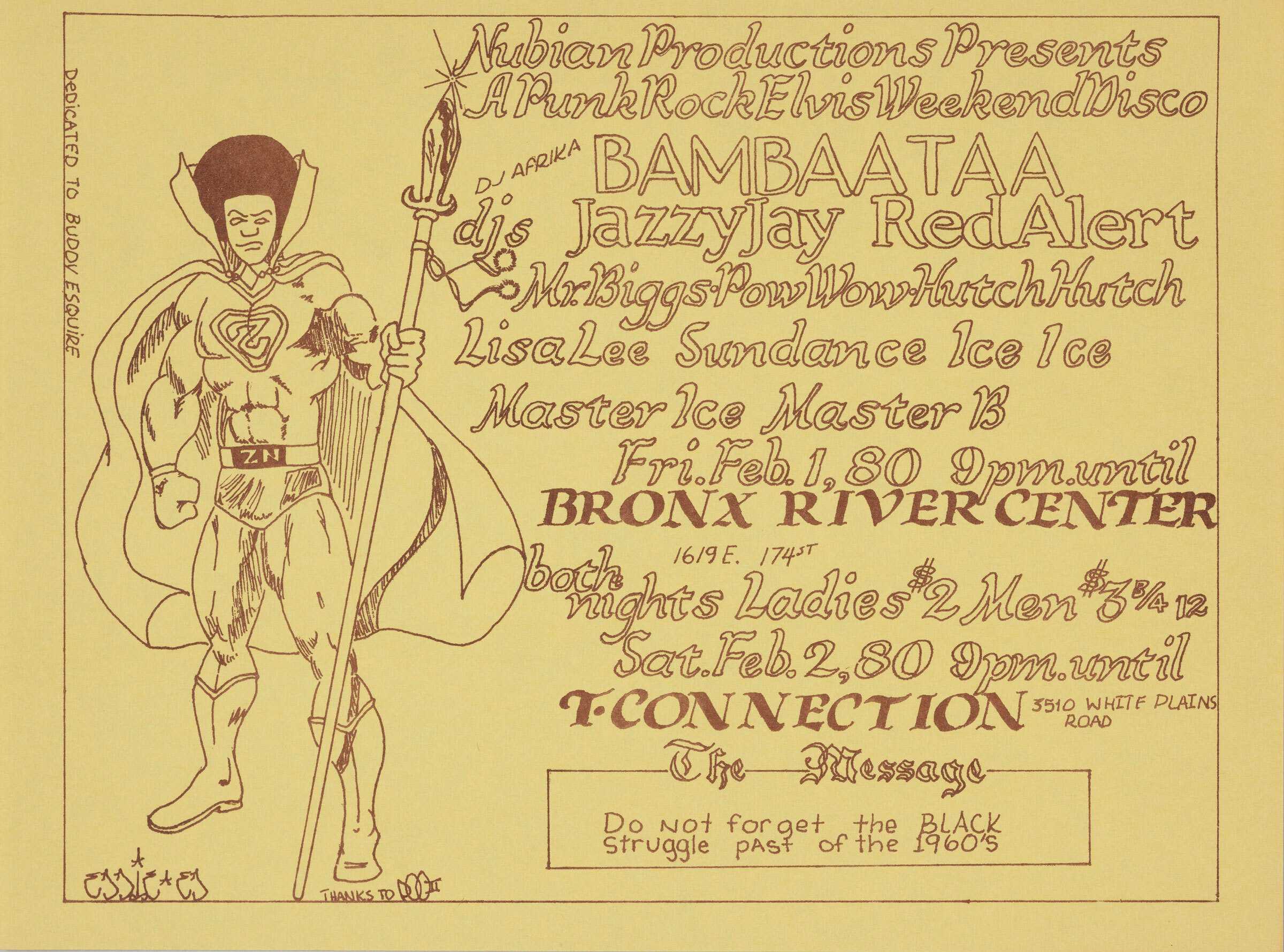 A yellow flyer for Bambaataa featuring a cartoon drawing of a superhero with an afro.