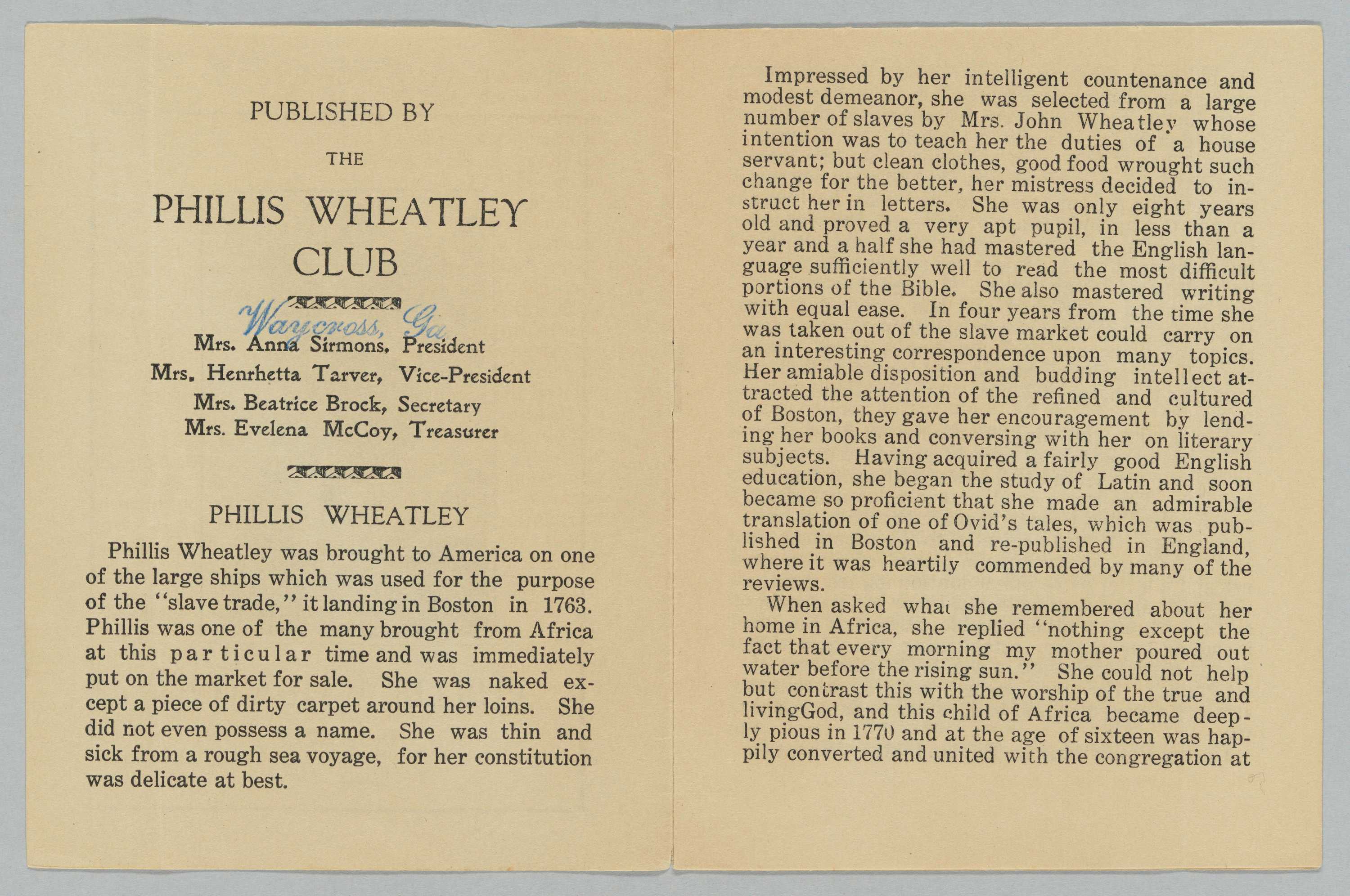 Inside cover page of Phillis Wheatley Club of Waycross Georgia booklet