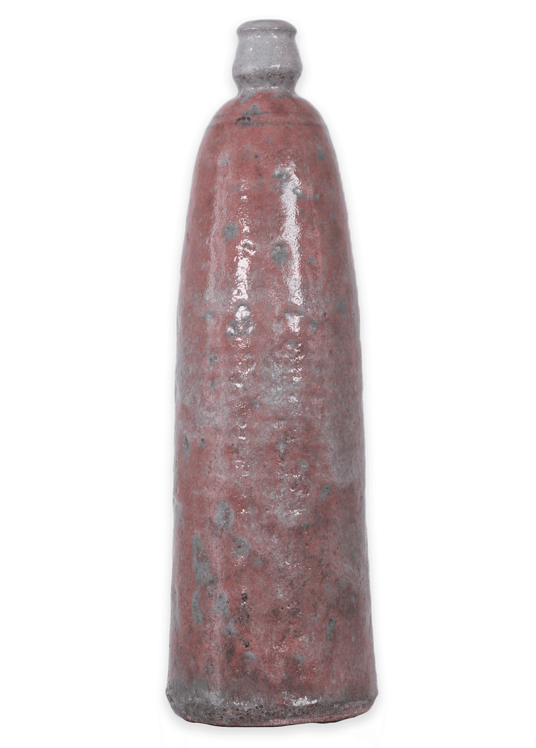 A red and gray ceramic bottle.