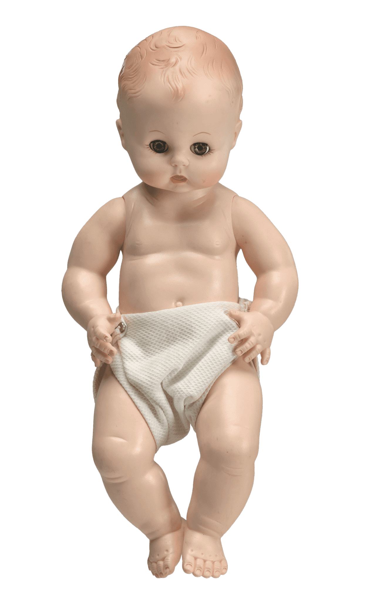 A white baby doll. The doll has open- and close- eye functionality and wears a cloth diaper.