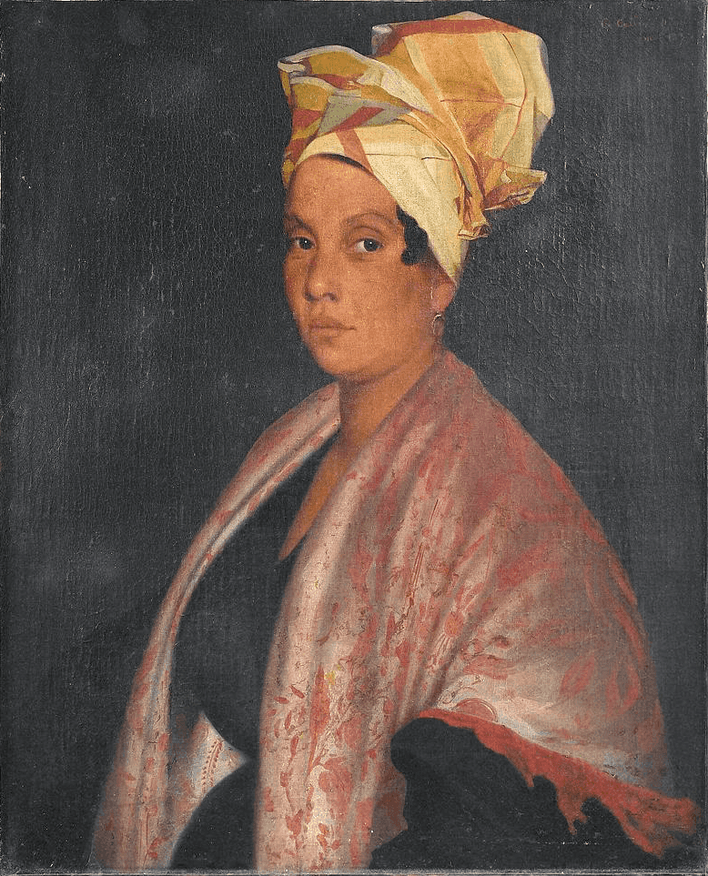 A portrait painting of a Creole Woman with her hair wrapped and wearing a shaw.