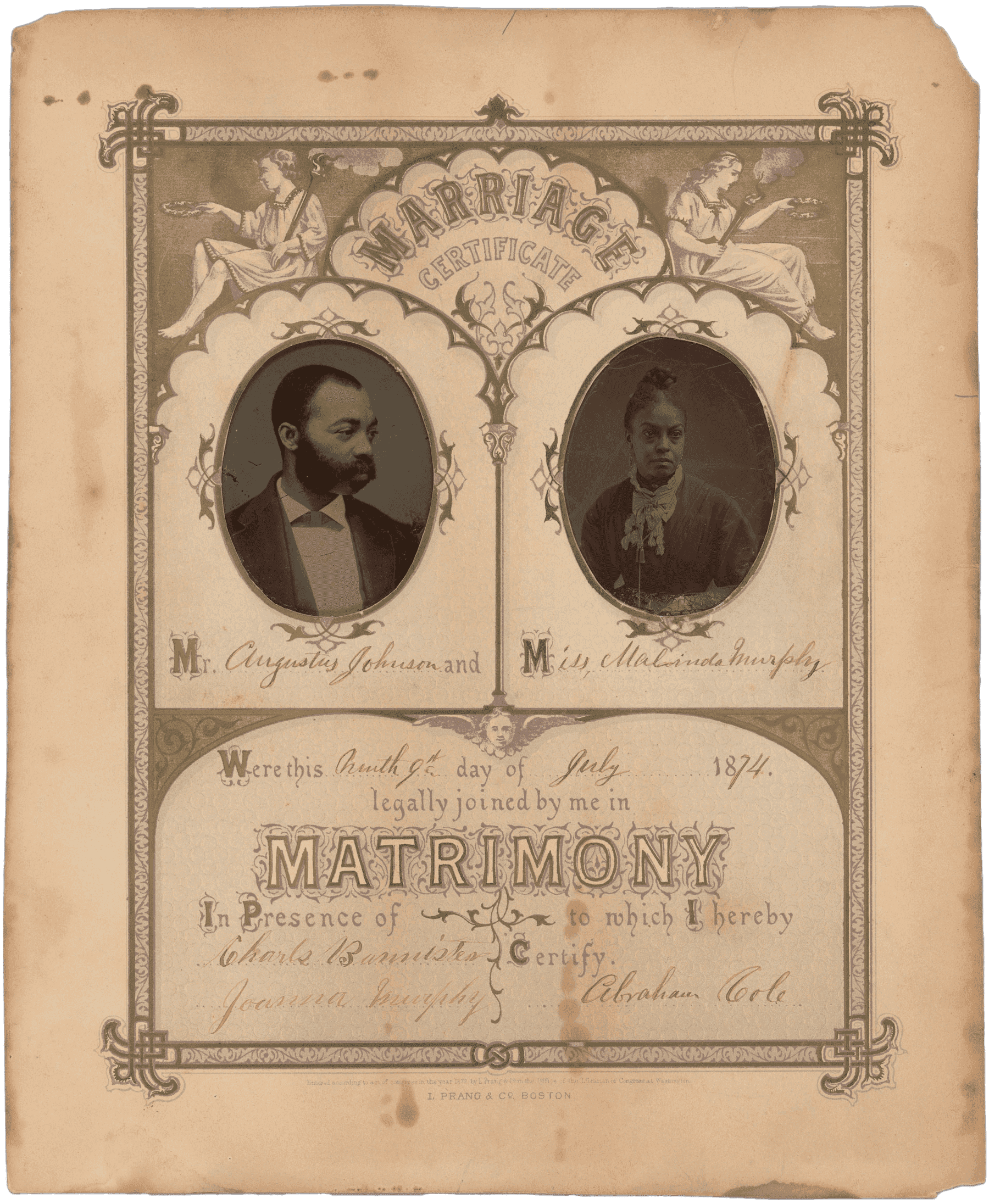 Marriage certificate with portraits of Augustus Johnson and Malinda Murphy.
