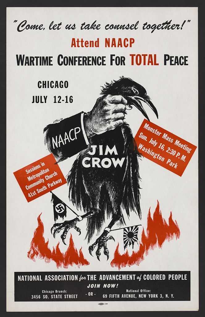 Advertising poster for conference showing hand labelled NAACP strangling Jim Crow, a crow with a Nazi flag and a Japanese army and navy flag on its talons