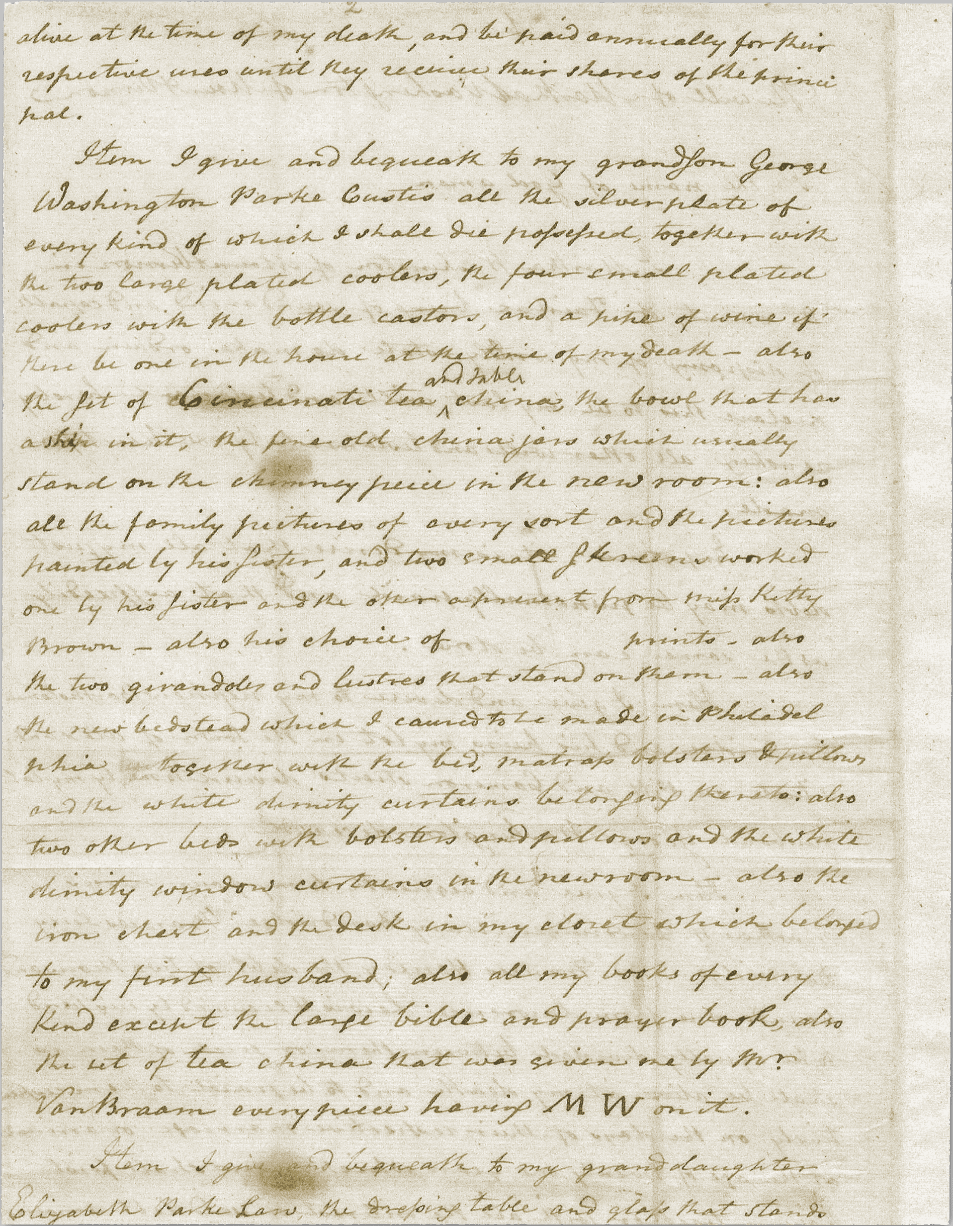 Handwritten page of a historical document, detailing personal bequests, including items like a silver plate, books, and furniture.