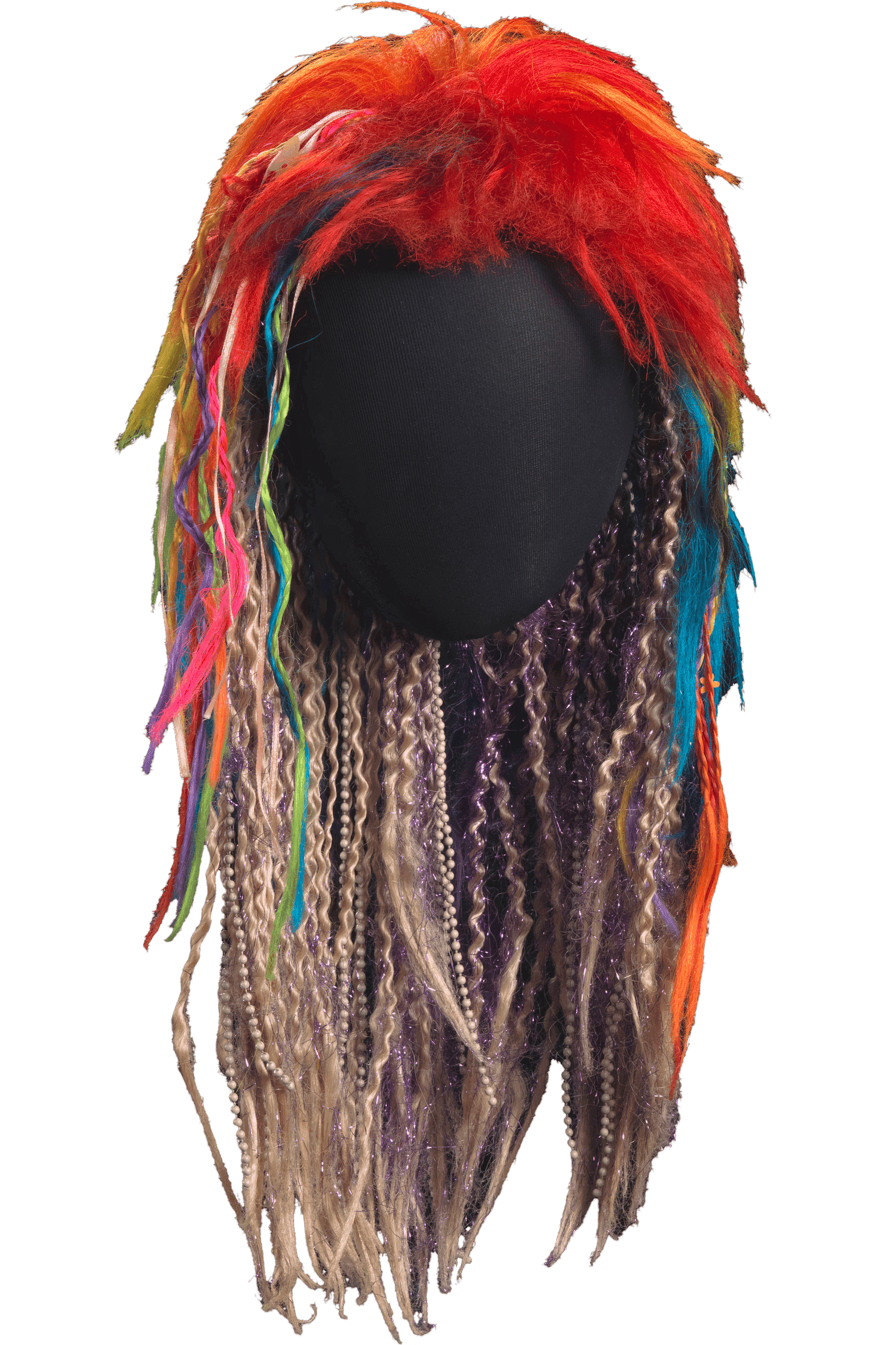 The rainbow wig is in a mullet shape with multiple colors. Some strands are crimped and braided.