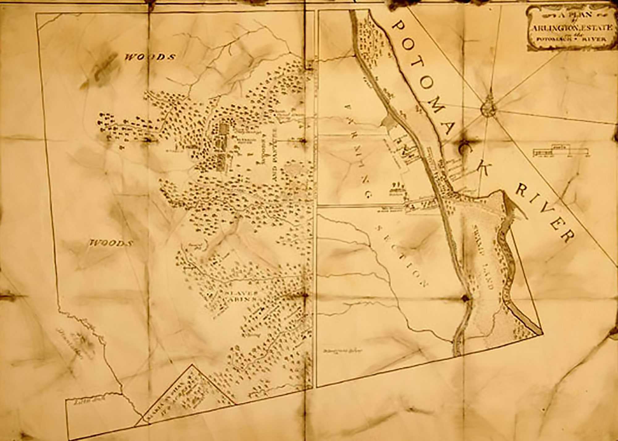 Historic map of Arlington estate, showing the Potomac River with farm and wooded areas marked.