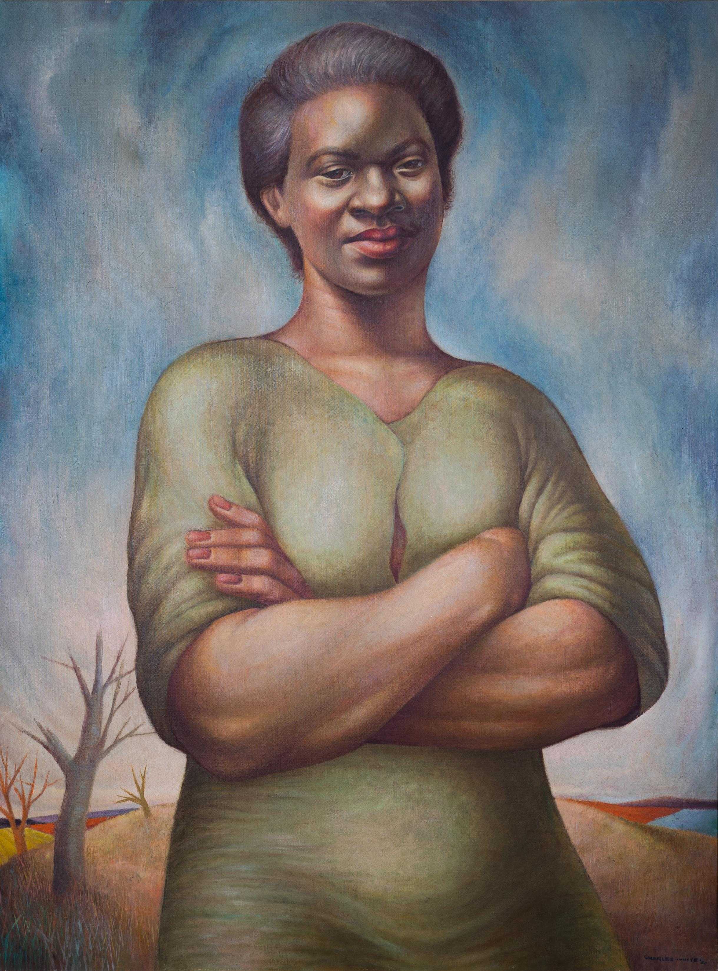 Portrait painting of an unidentified woman standing with arms crossed before a stark landscape.