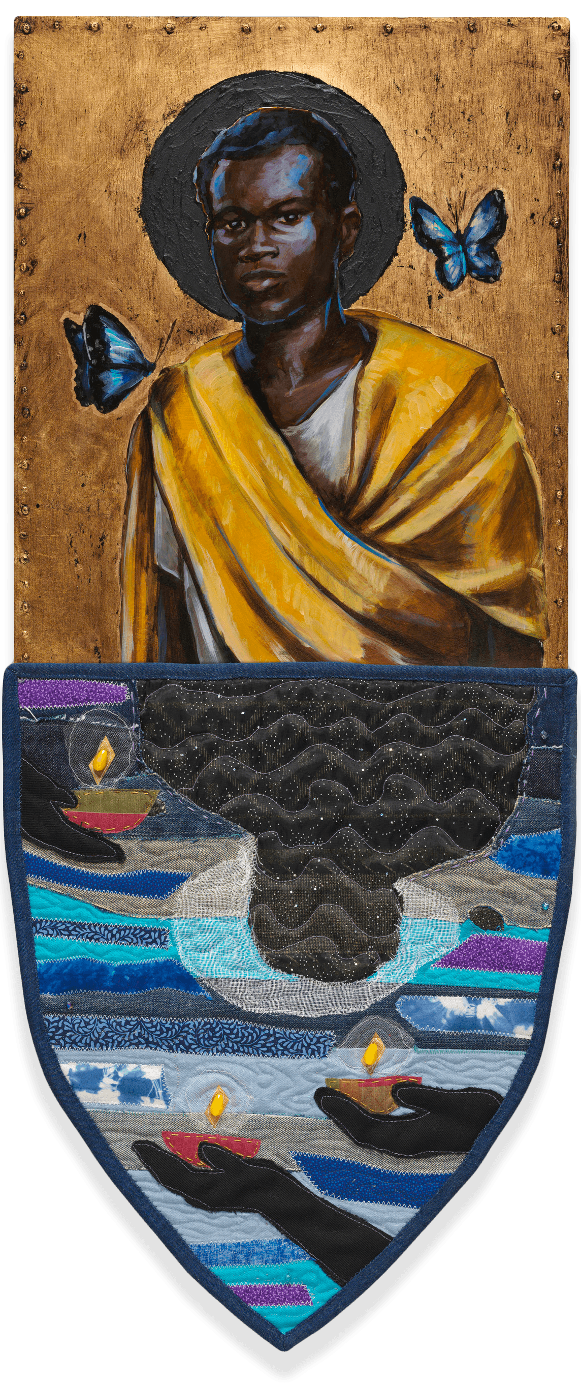A mixed media piece of art by Stephen Towns that has a painting of a black man and his standow reflected in the water.