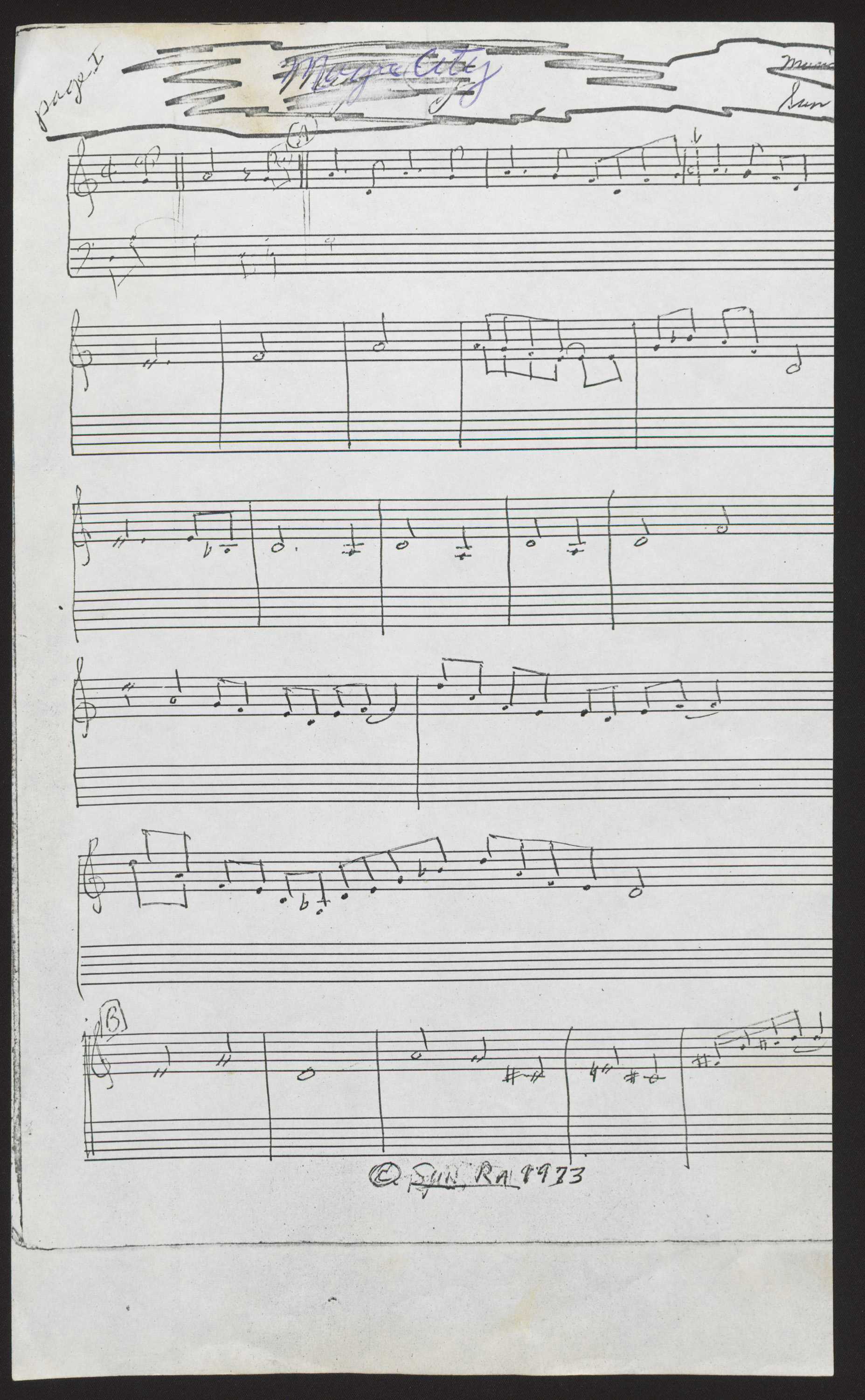 The music sheet for "Magic City". Hand drawn, the title of "Magic City" is written inside of a cloud like doodle.