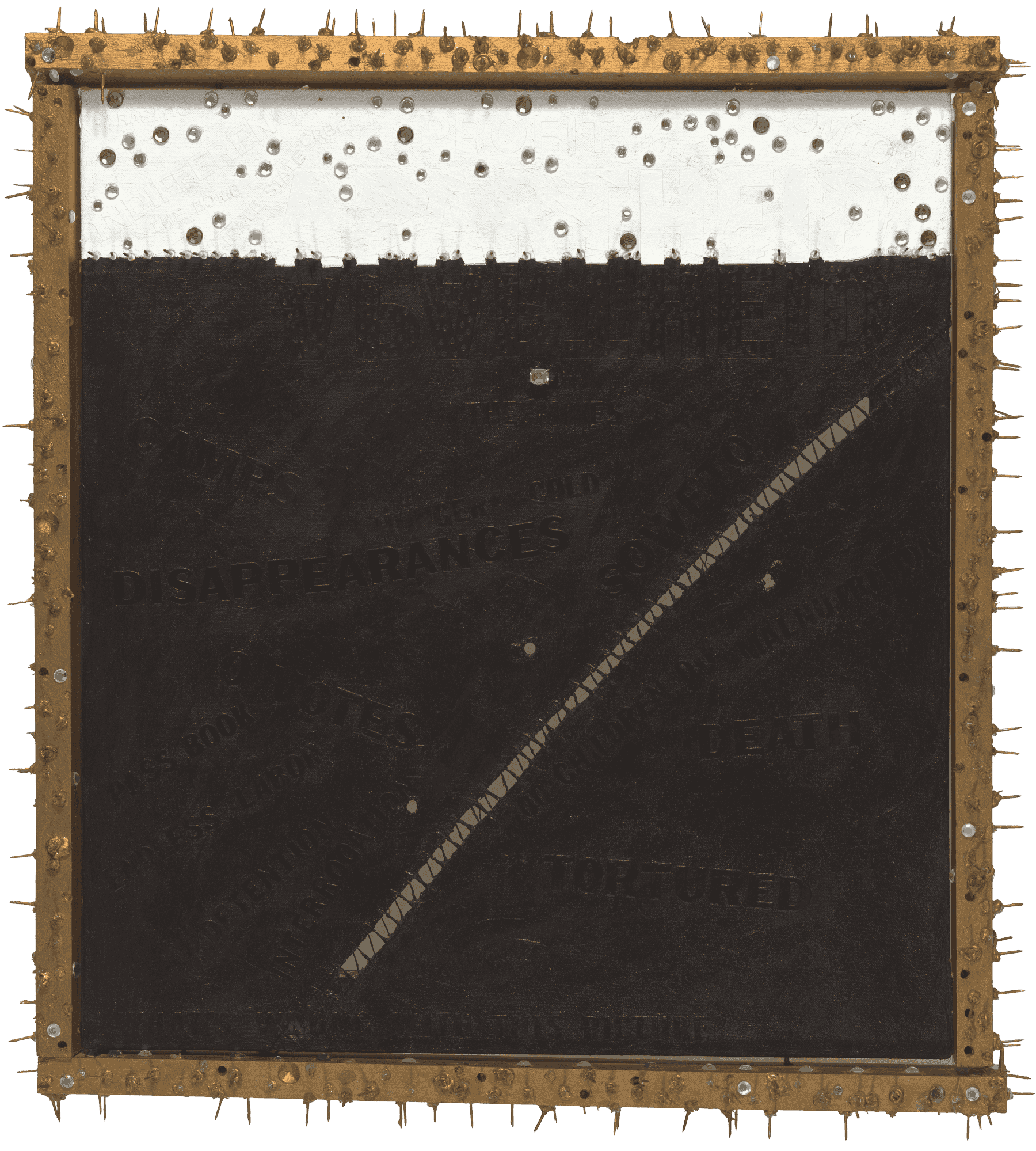 Artwork with white top and black bottom, featuring the word "DISAPPEARANCES" and a spiked border.