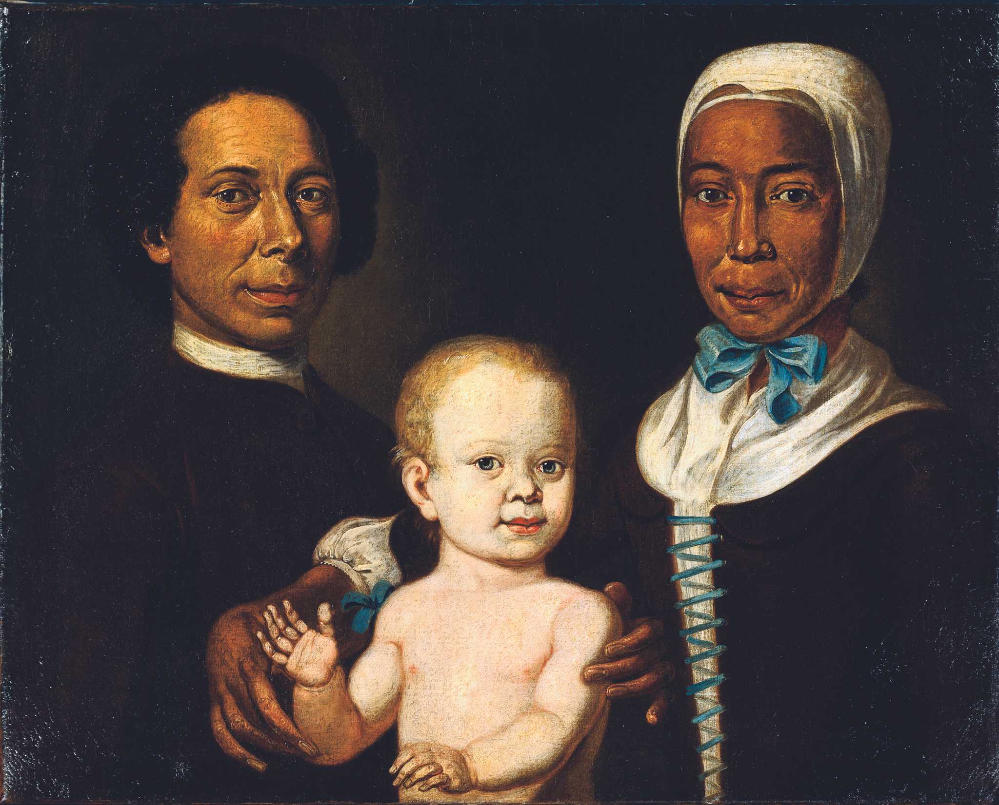 A painted portrait of Rebecca Protten posing with a black man and white baby.