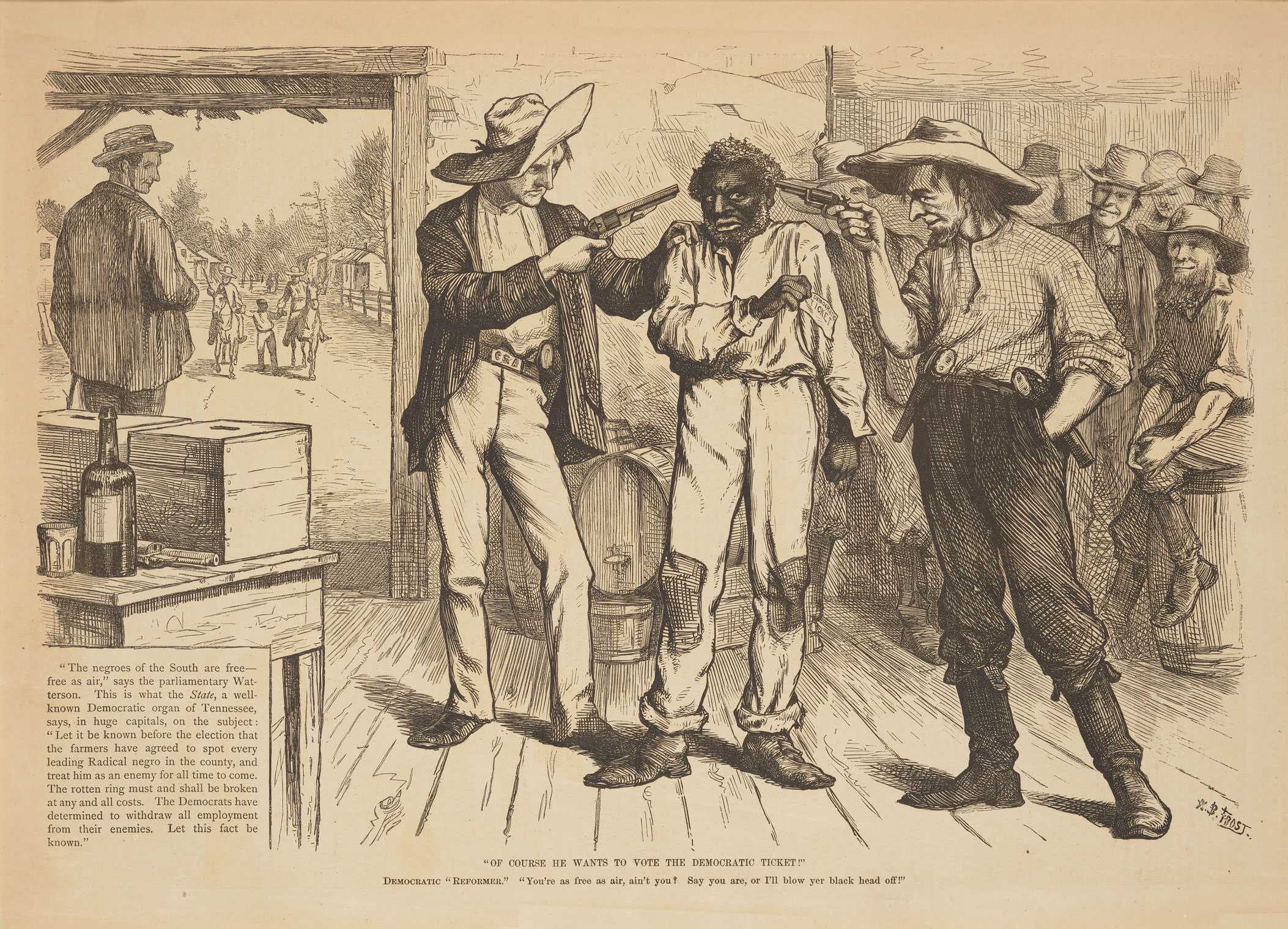Political cartoon of two white men pointing guns at a black man