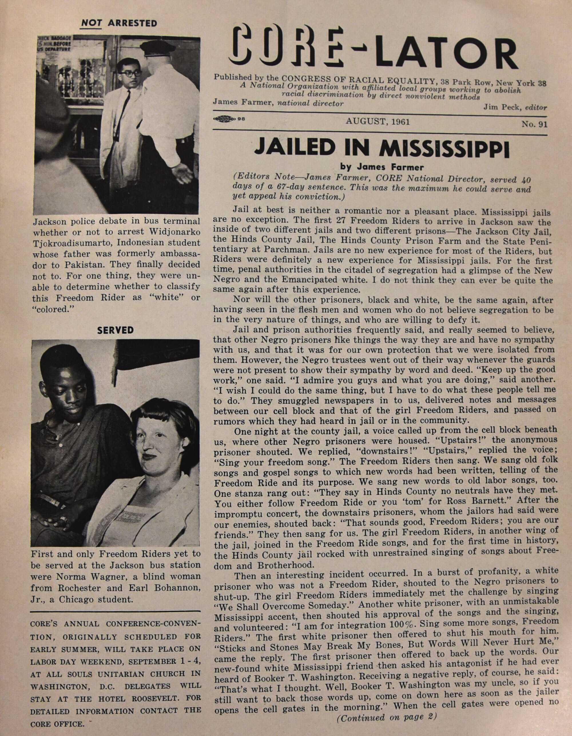 Black-and-white newsletter page titled ‘CORE-LATOR’ from August 1961, featuring the headline ‘Jailed in Mississippi’ with an article about Freedom Riders. Includes two photographs: one of a person standing in a bus terminal and another of two people seated, along with text columns describing arrests and events.
