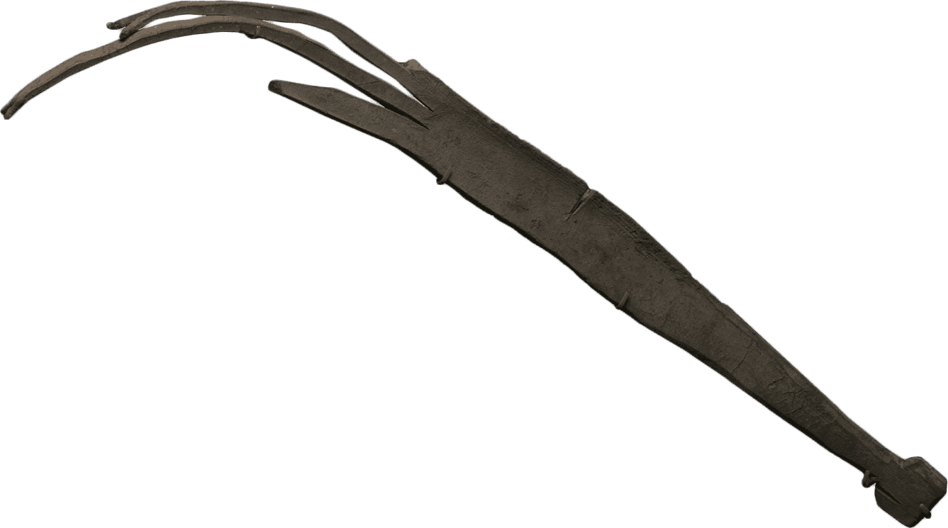 Small house whip made of a thick piece of leather that tapers outward from the square base and is cut into multiple tails at the end. The leather is a dark grey color and flat. There are several leather strips at the end of the whip, with the opposite end consisting of a cut leather handle. The leather is extremely stiff and cracking throughout.