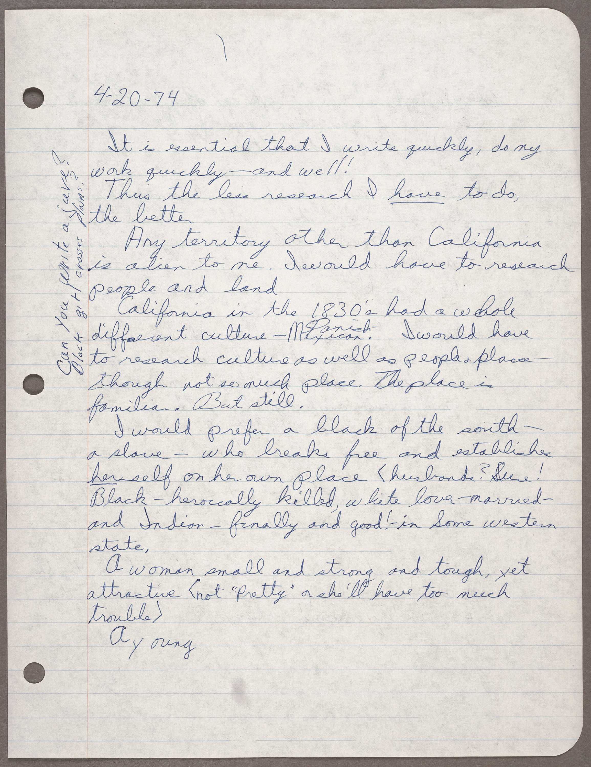 A light grey loose leaf paper and Octavia's handwritten script in dark blue ink, dated 4/20/74.