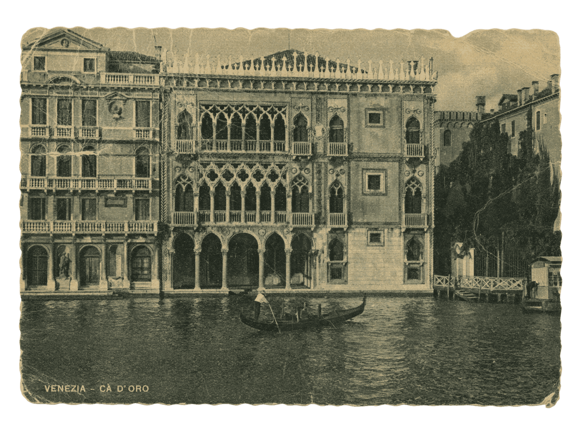 Postcard from James Baldwin to his sister Paula Baldwin telling her about the a gondola ride that he took on the Grand Canal in Venice. The Ca' d'Oro is depicted on the front of the post card.