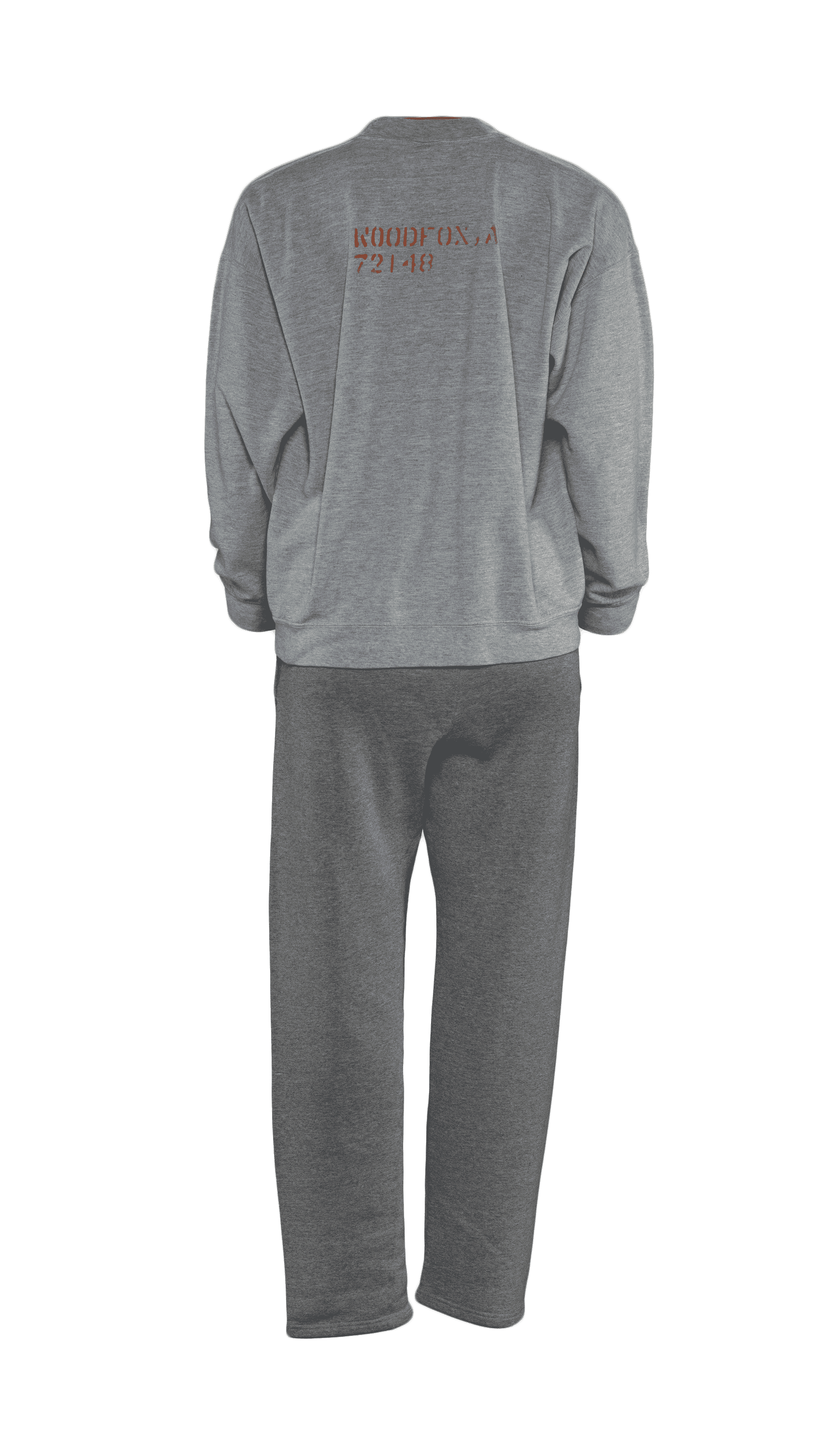 A men's light grey sweatshirt and dark gray sweats. The sweatshirt has a faded inmate number on the back.
