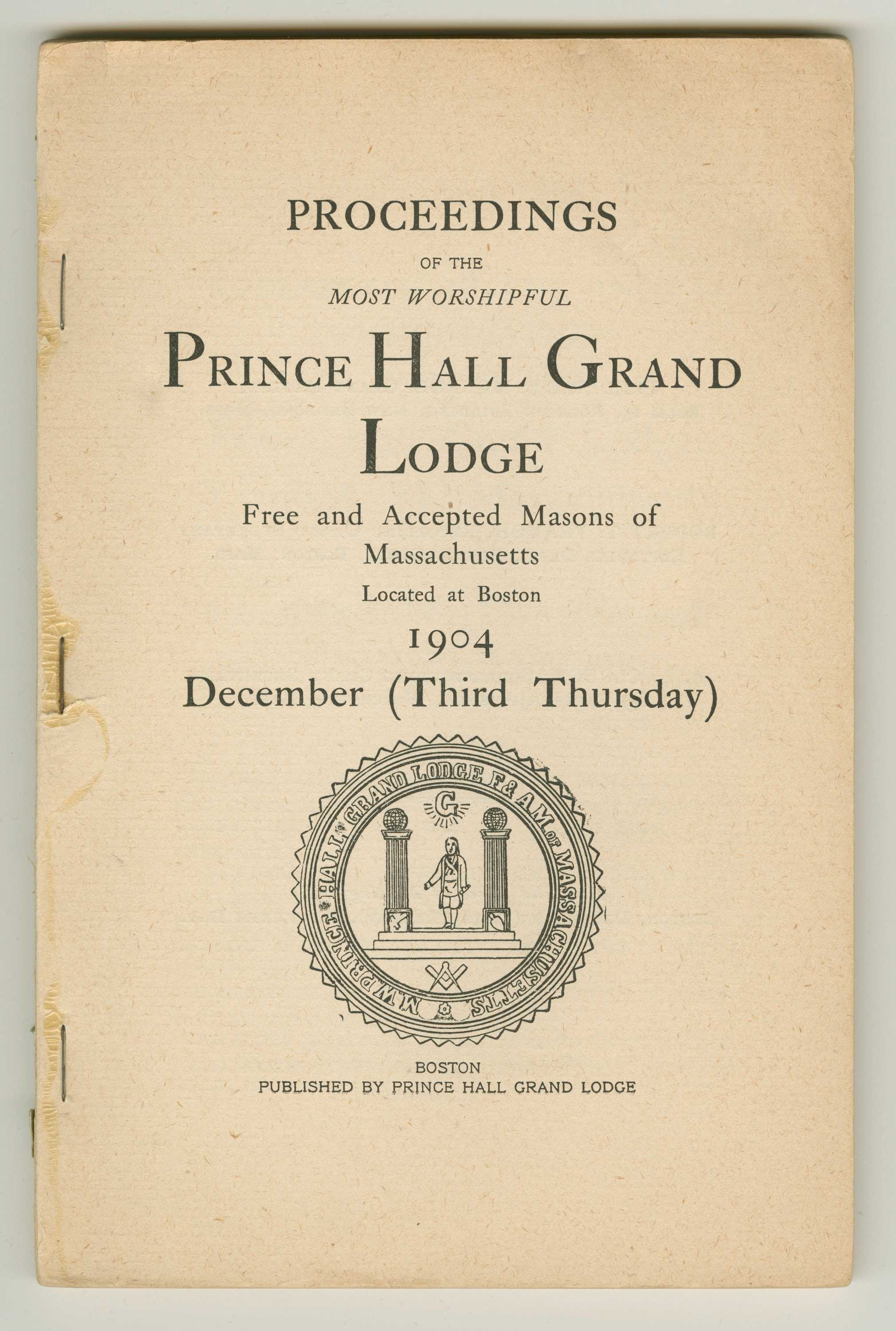 A booklet detailing the proceedings of the Prince Hall Grand Lodge of Massachusetts, 1904.