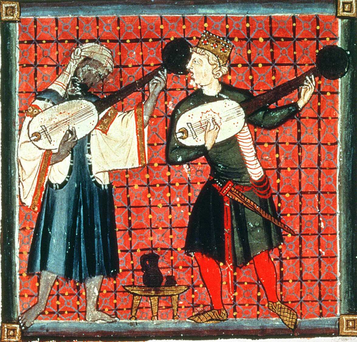 A colorful illustration of a muslim and christian musician playing a guitar like instrument together.