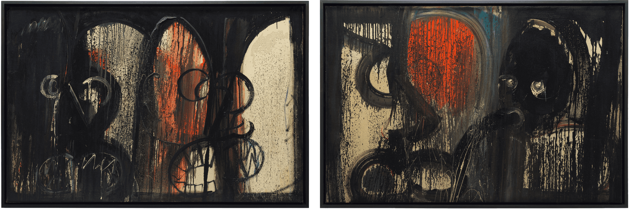 Abstract painting with dark tones and layered brushstrokes, featuring distorted faces in black and orange shades against a textured background.