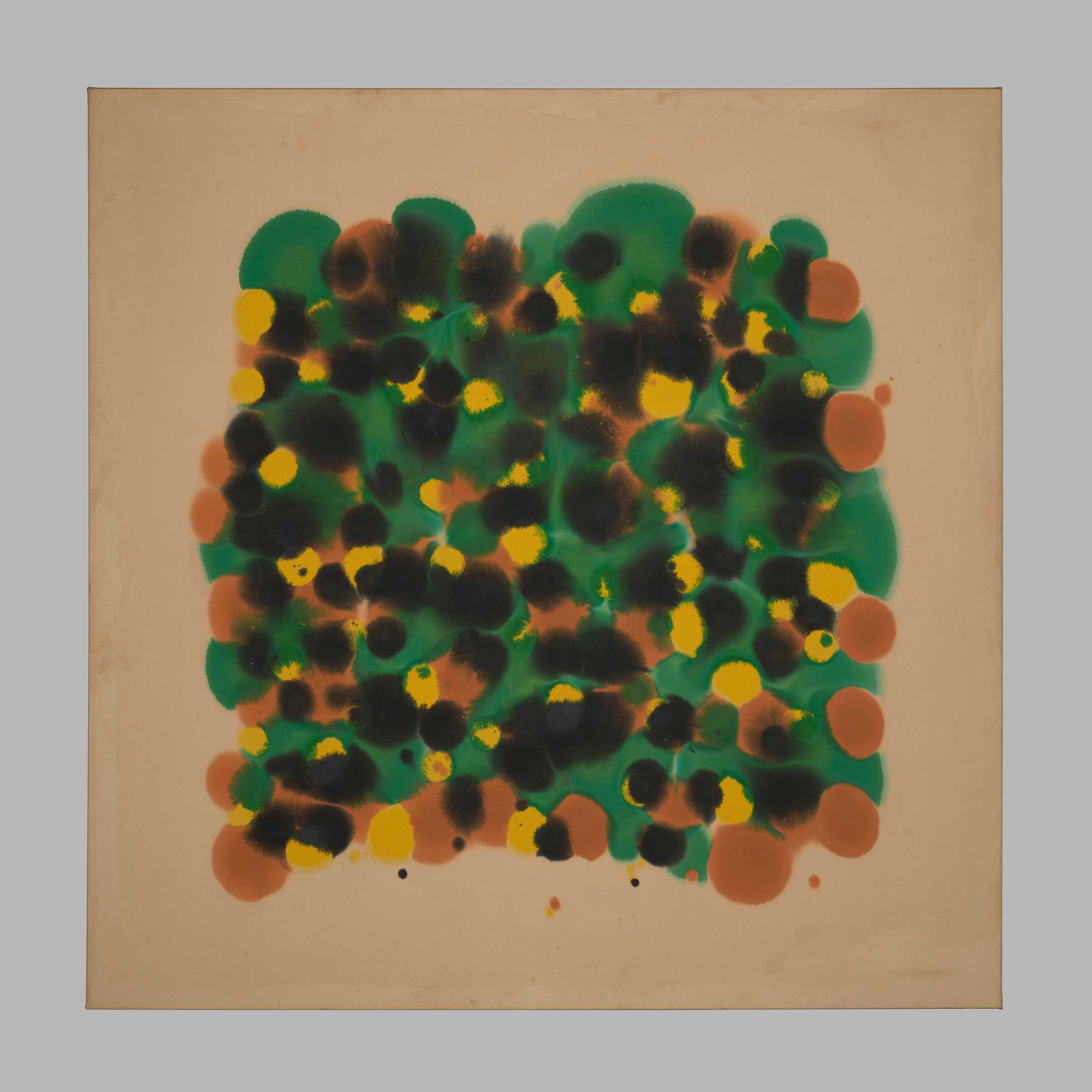 Abstract painting featuring a pattern of overlapping green, black, yellow, and brown circular shapes on a beige background.