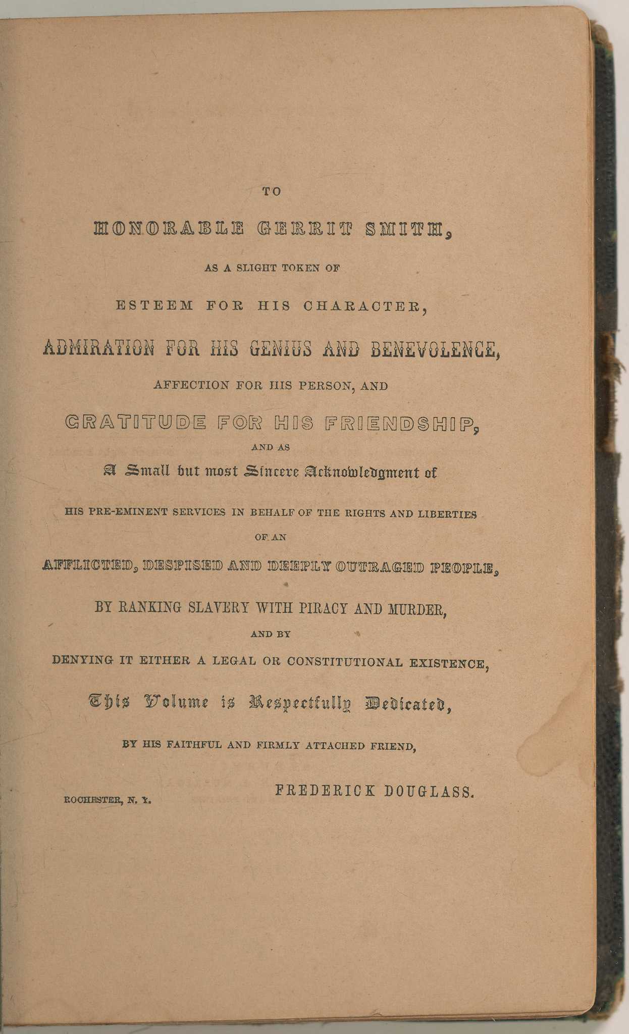 Hardcover book entitled "My Bondage and My Freedom" with an illustration of Frederick Douglass as frontispiece. This slave narrative is dedicated to Gerrit Smith.