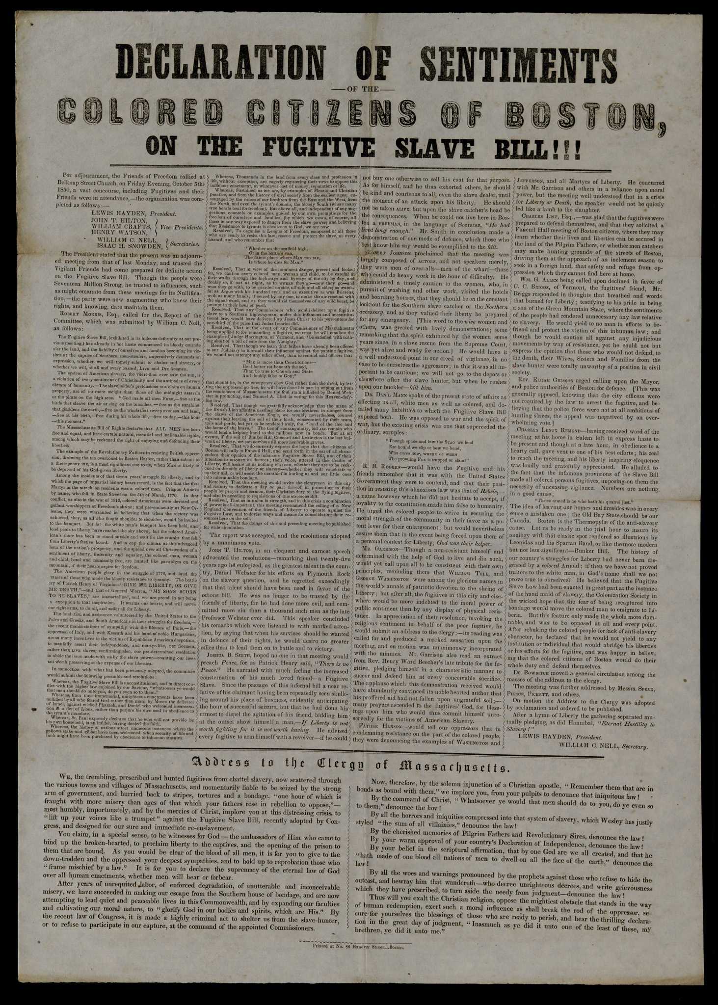 Newspaper with headline that reads "Declaration of sentiments of the Colored Citizens of Boston on the Fugitive Slave Bill"