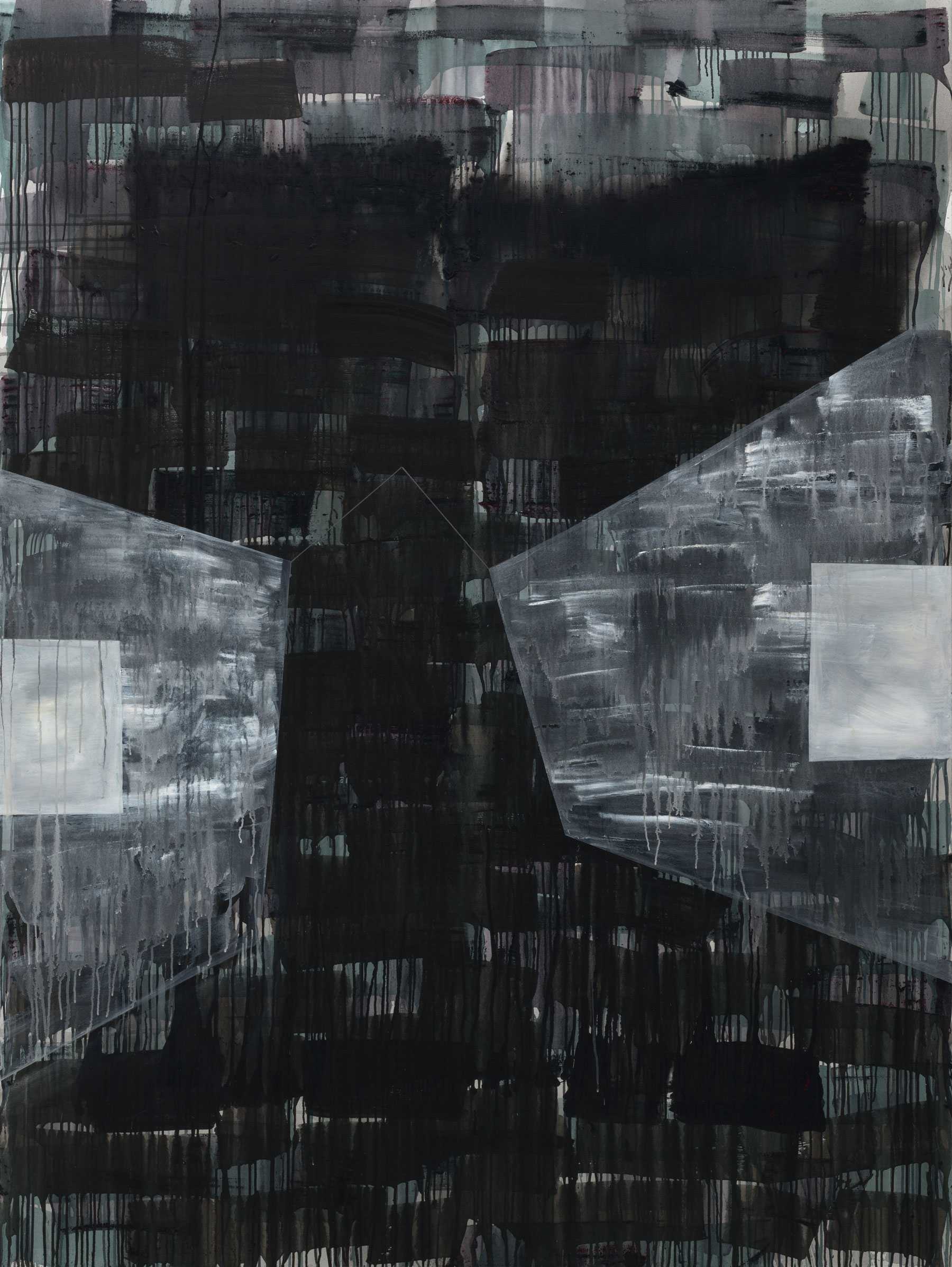Abstract painting with dark, overlapping rectangles and two geometric shapes on the sides, featuring textured layers and drips.