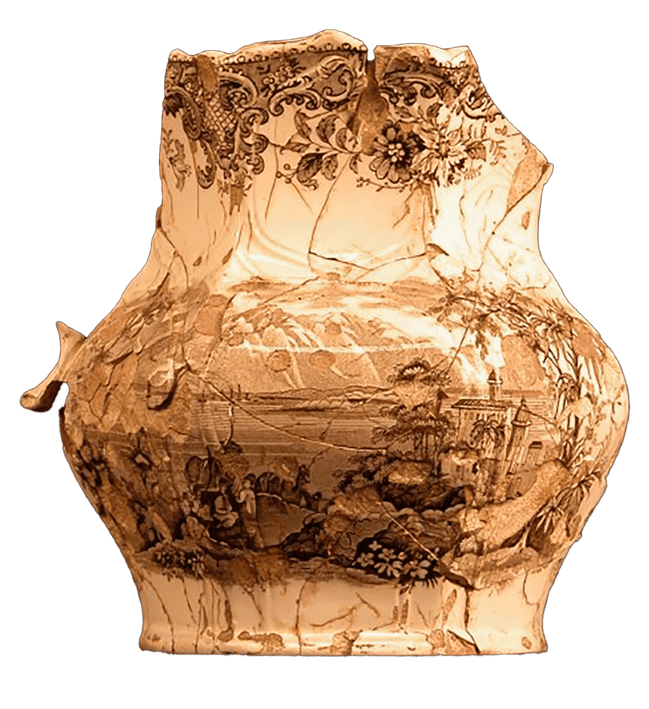 Photograph of a ceramic pitcher with brown floral motif at the top and a landscape at the bottom