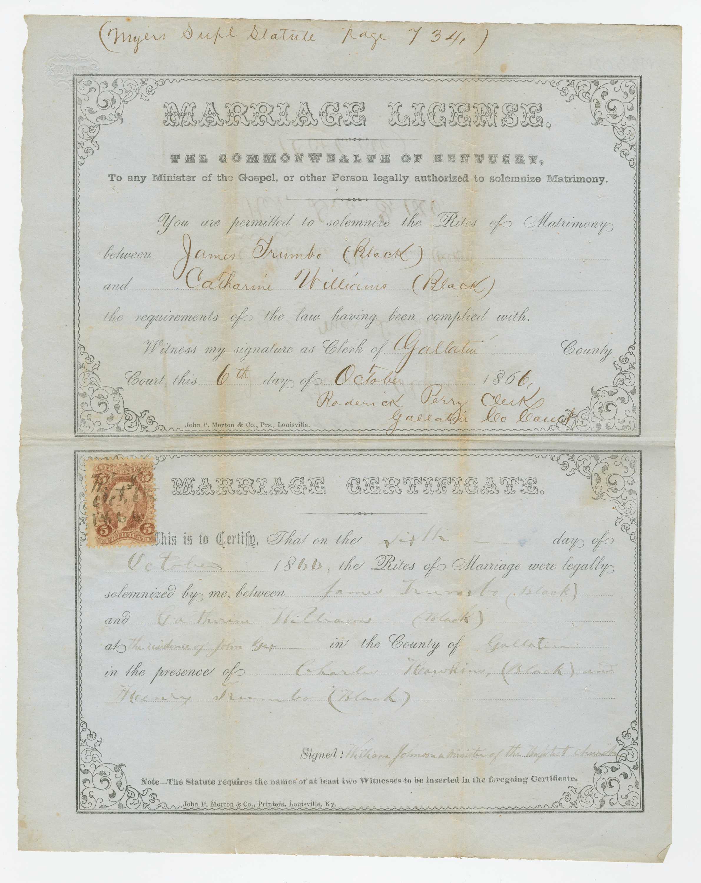 Printed marriage license and certificate for James Trumbo and Catherine issued on October 6, 1866 in Kentucky.