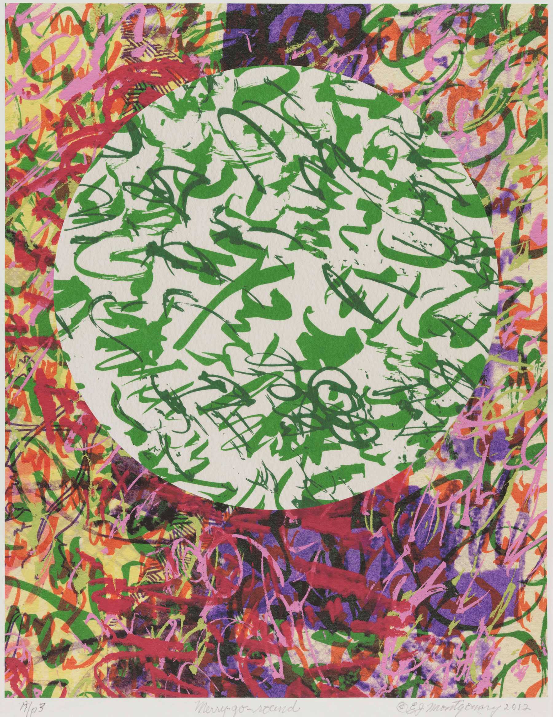 Abstract drawing with a large white circle filled with green scribbles, surrounded by dense, colorful layers of red, pink, purple, yellow, and green brushstrokes.