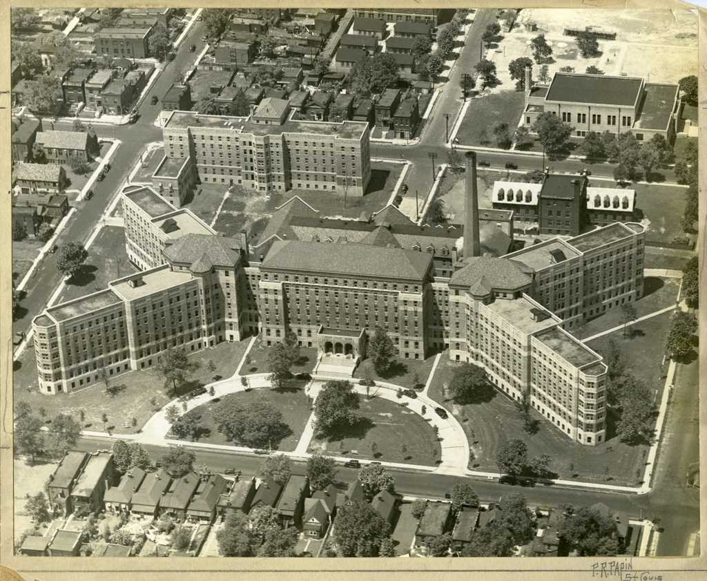 Aerial view of complex of buildings