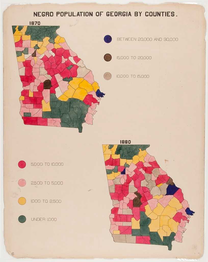 Hand drawn and colored visualization comparing African American population growth in Georgia by county.  There are two maps displayed, 1870 on top of page and blow to right from 1880.  It shows the differences in ten years using color coding to show population totals by county.