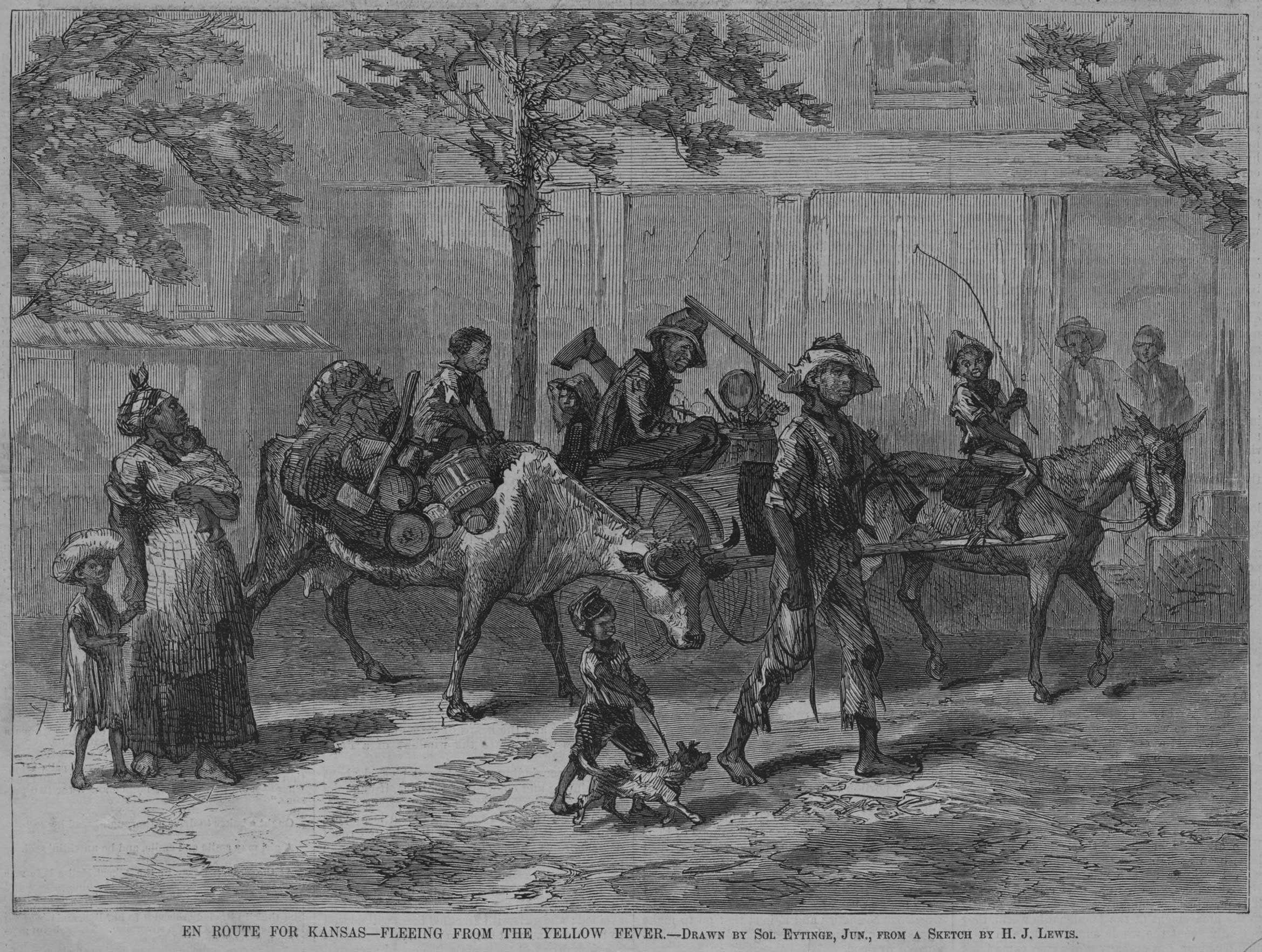 A drawing of African Americans, including some children, walking with an ox and mule.