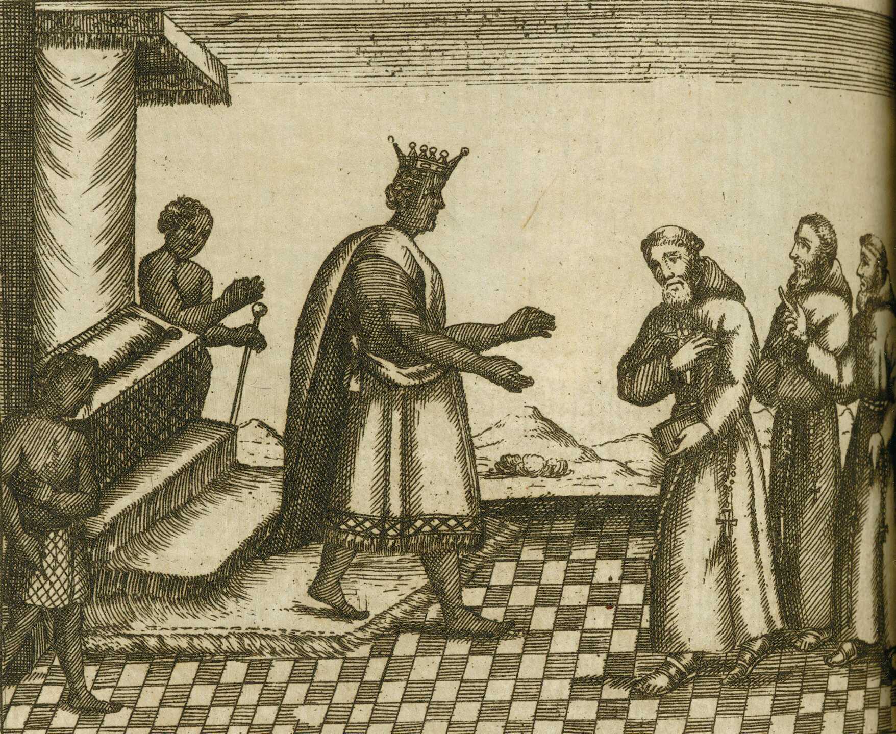 A drawing of Dom Garcia, King of Kongo, walking to greet a catholic priest.
