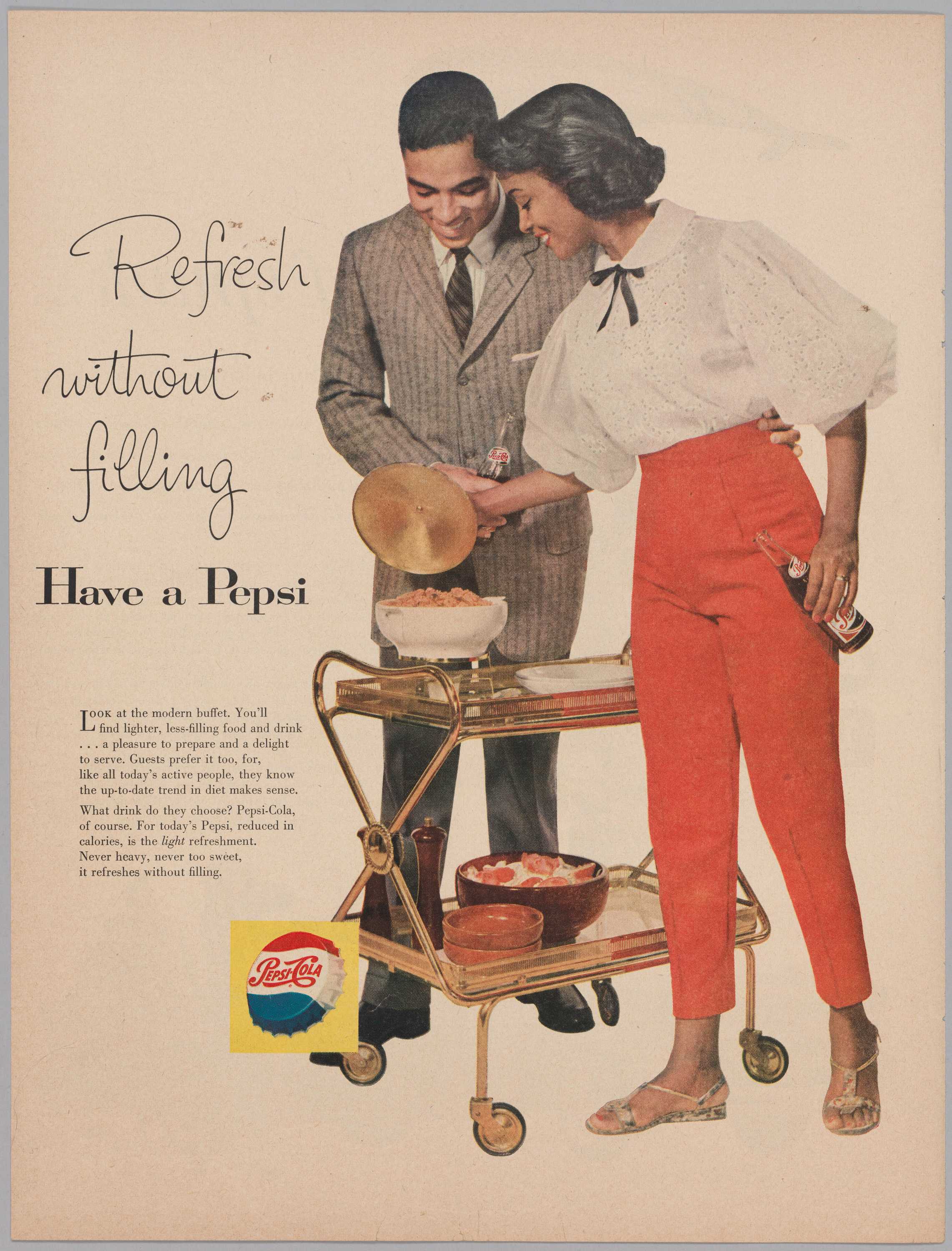 A Pepsi-Cola color advertisement in Ebony magazine with a young, middle-class couple.