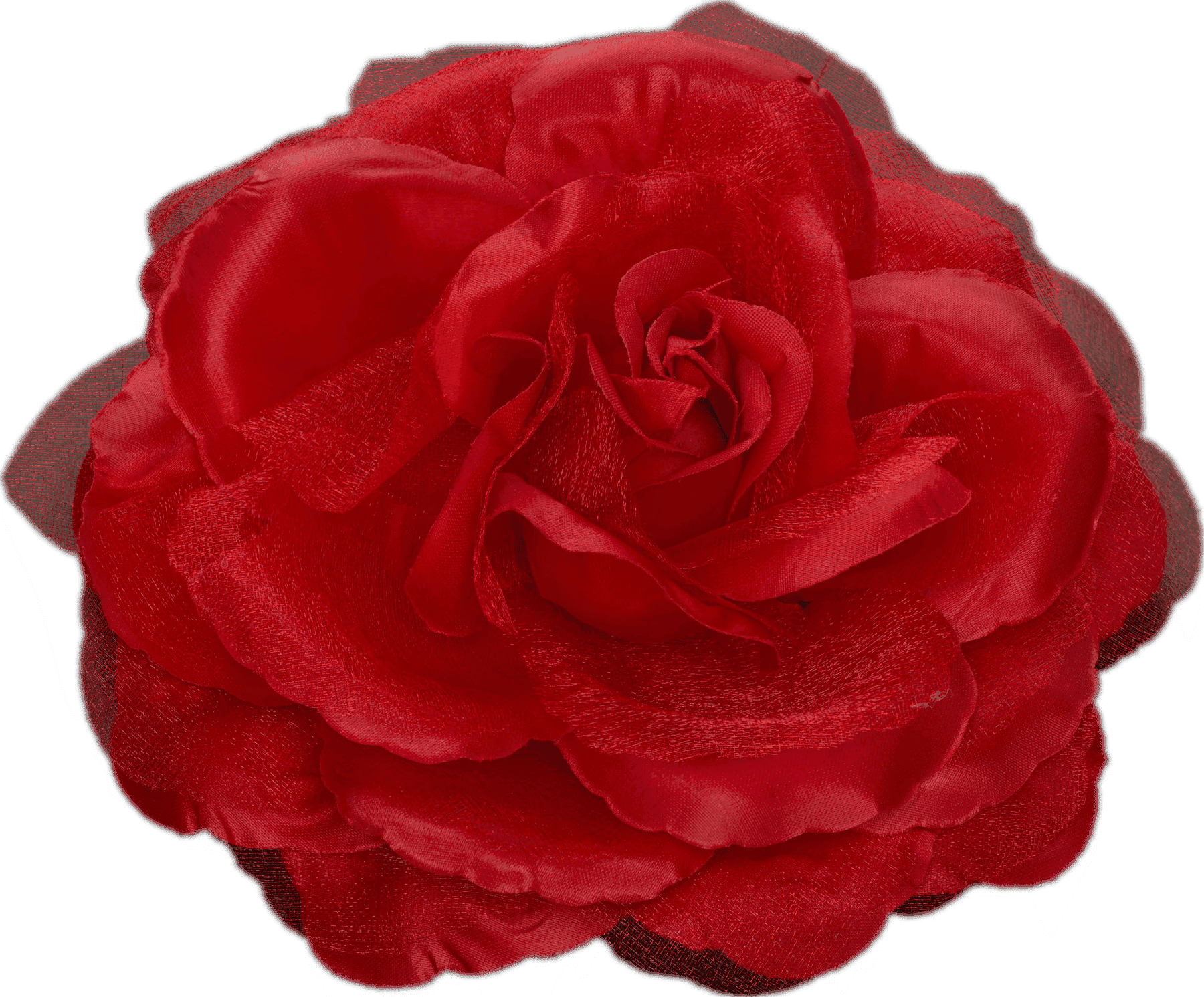 A bright red silk rose with many petals. The rose looks realistic.