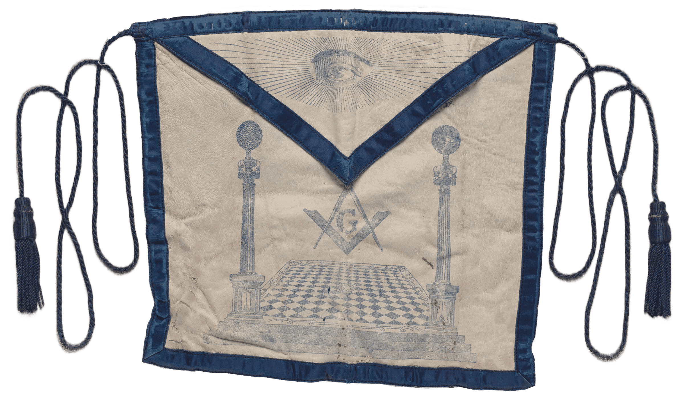 A blue trimmed Masonic apron with two tassels and a print of an eye and open hall.