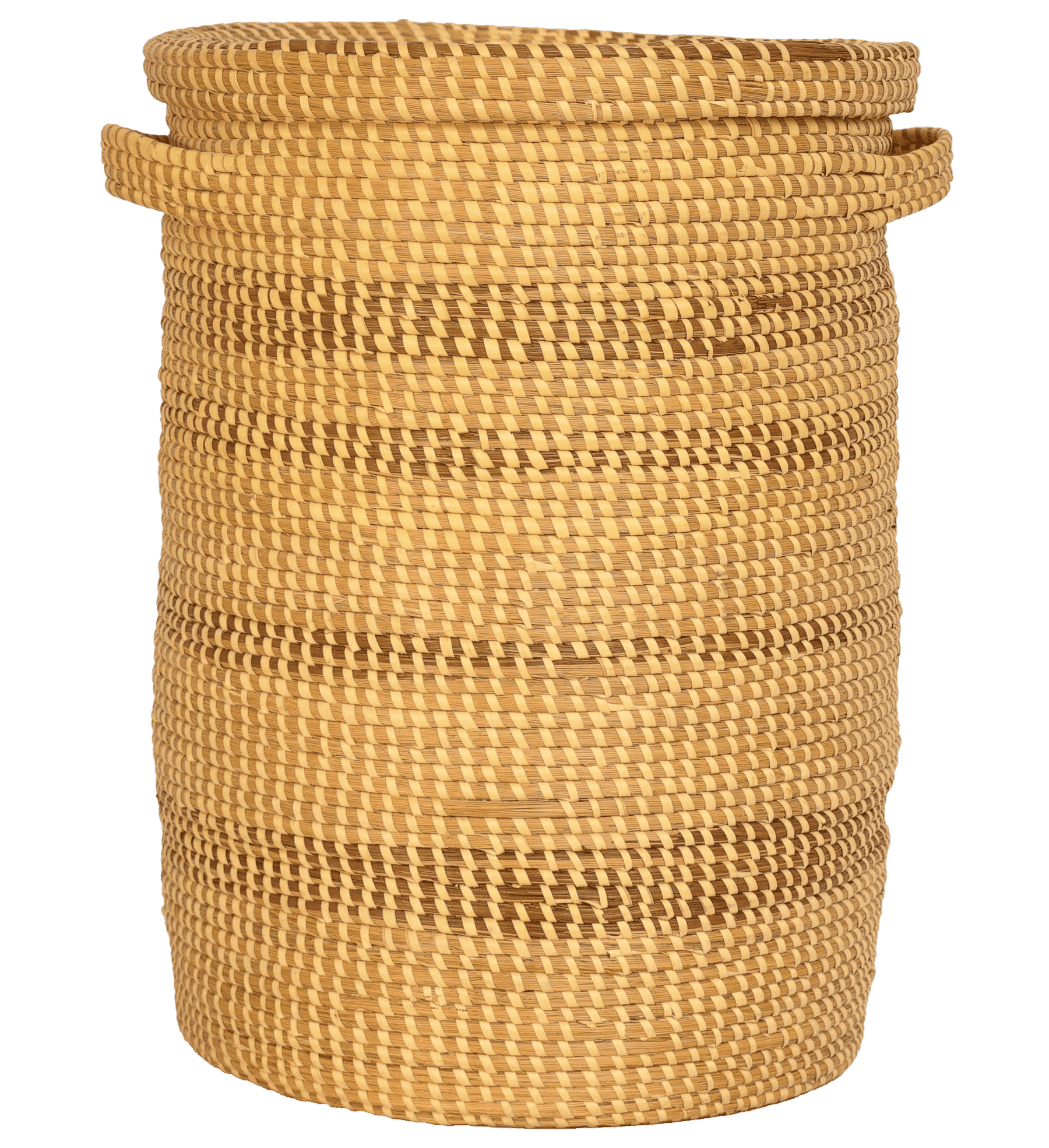 Tall woven basket with alternating light and dark brown stripes and a rolled top edge.