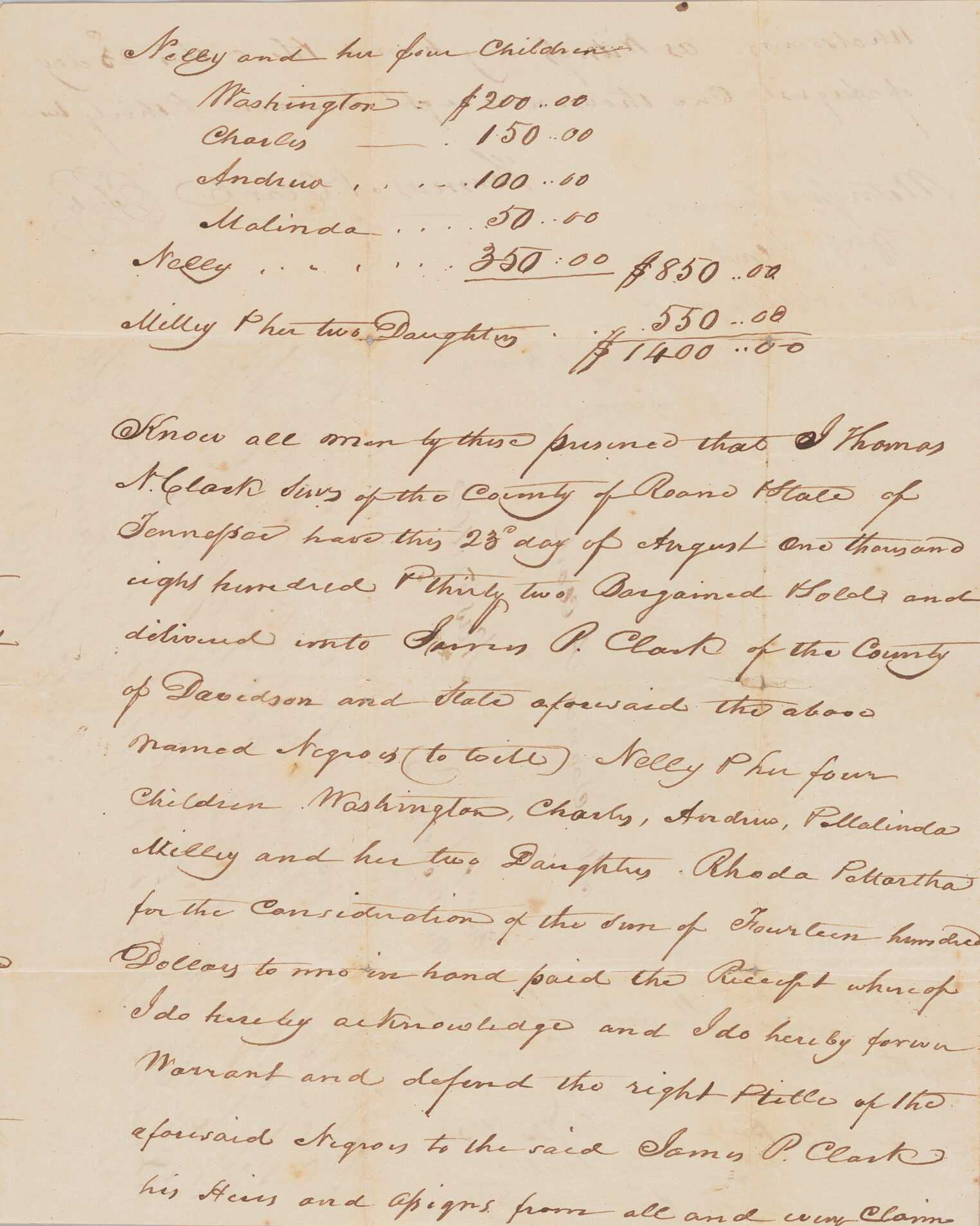 A handwritten document of black ink on rag paper recording the sale of two enslaved women, Nelly and Milley, and their respective children