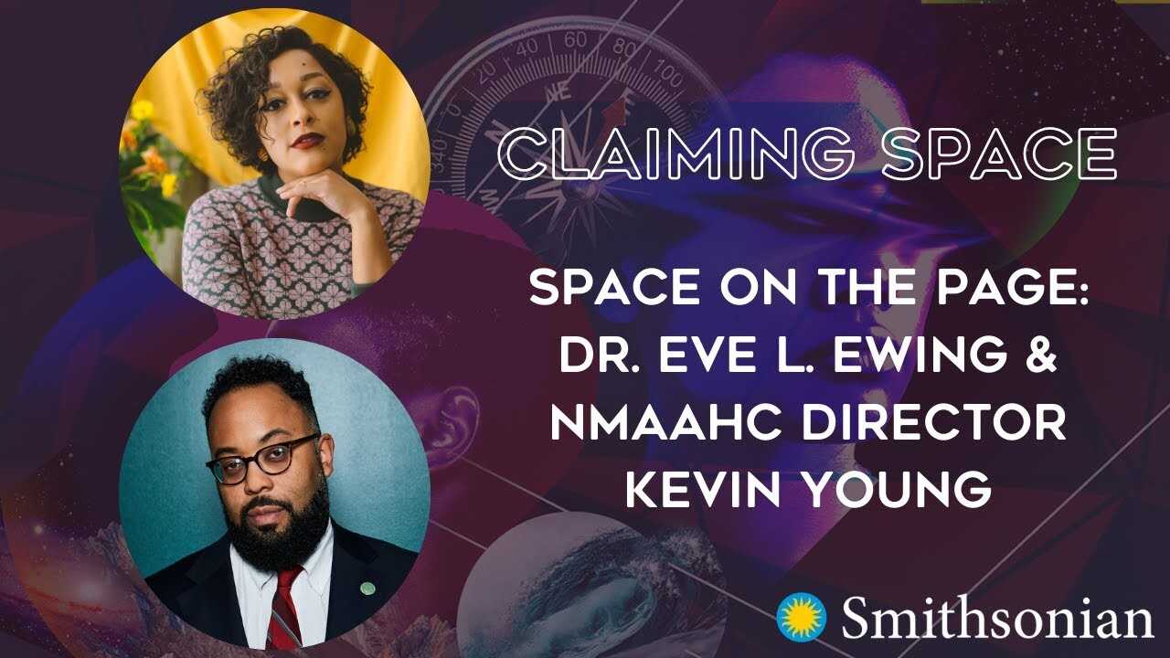 Two panelist photos and the title, "Claiming Space", and subtitle of the discussion on a spacey background.
