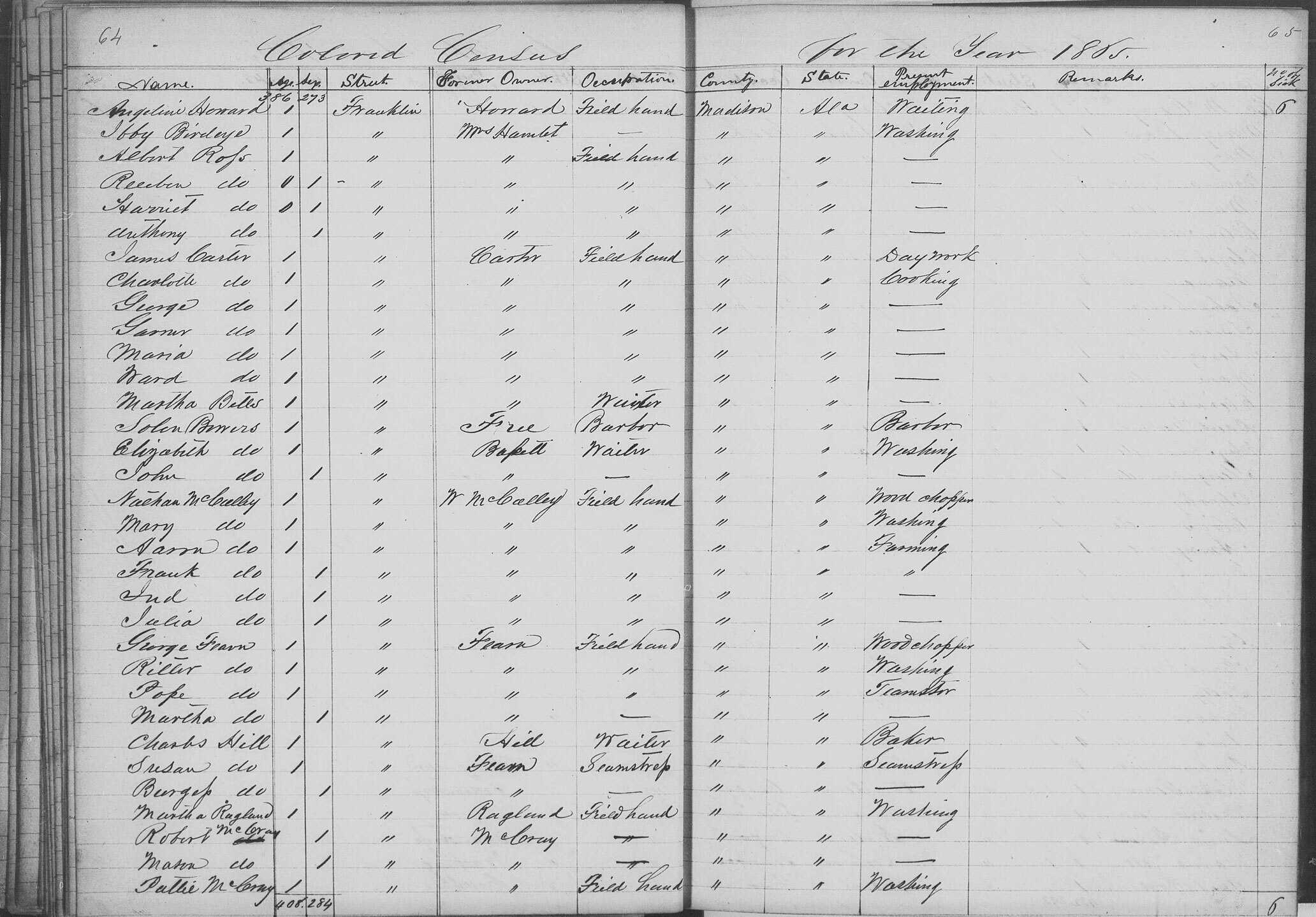 Two pages of hand written Athens and Huntsville AL census