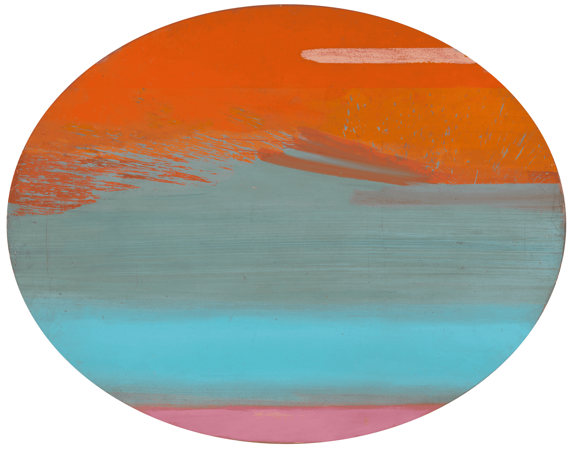 Abstract circular painting with orange, blue, and pink brushstrokes, illustrating color blending techniques.