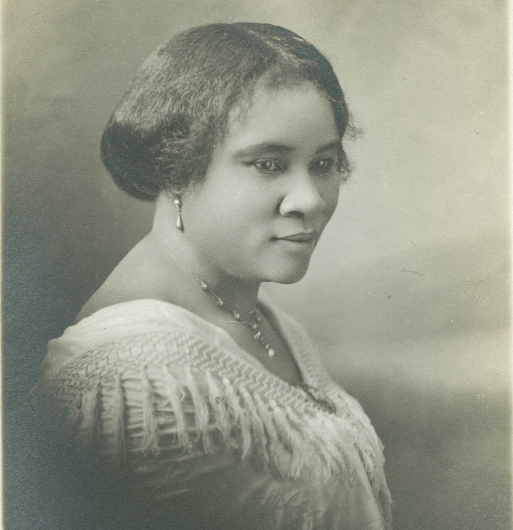 Black and white photographic bust length portrait of Madam C.J. Walker.